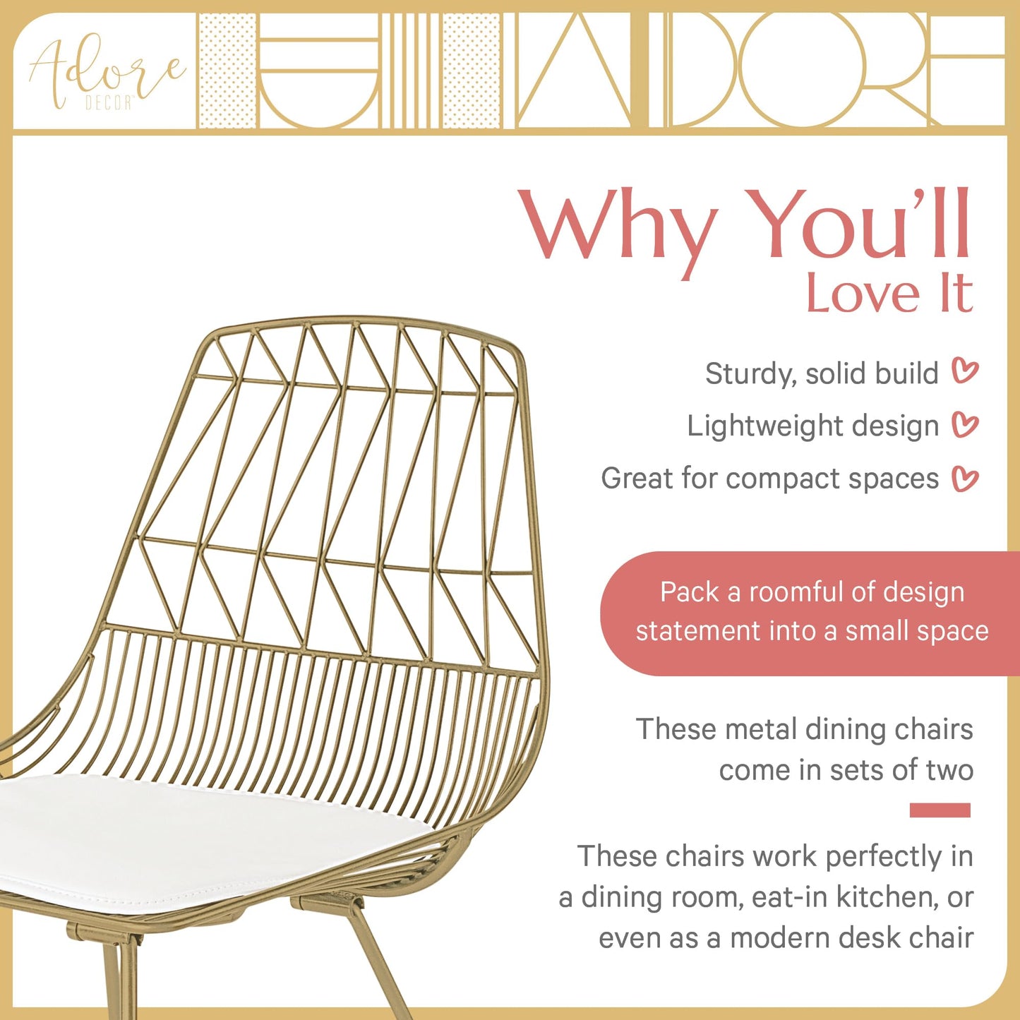 Adore Décor Elle Décor Vivi Dining Chair Set French Gold