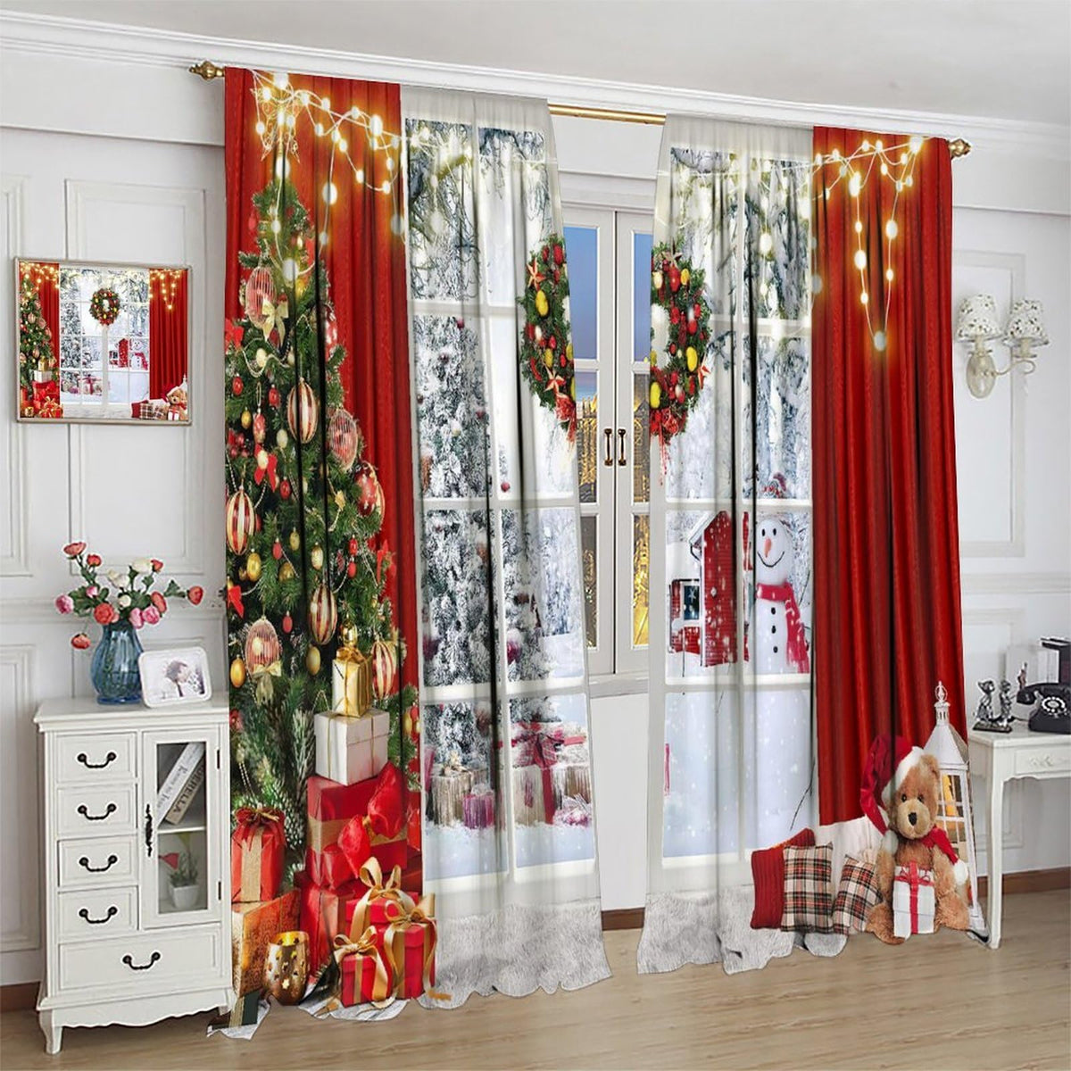 FengMingRui Merry Christmas Curtains Winter Festival Snowman Christmas Tree New Year Christmas Window Treatment Bedroom Living Room Decoration Blackout Decor Window Drapes 42" W X 45" L