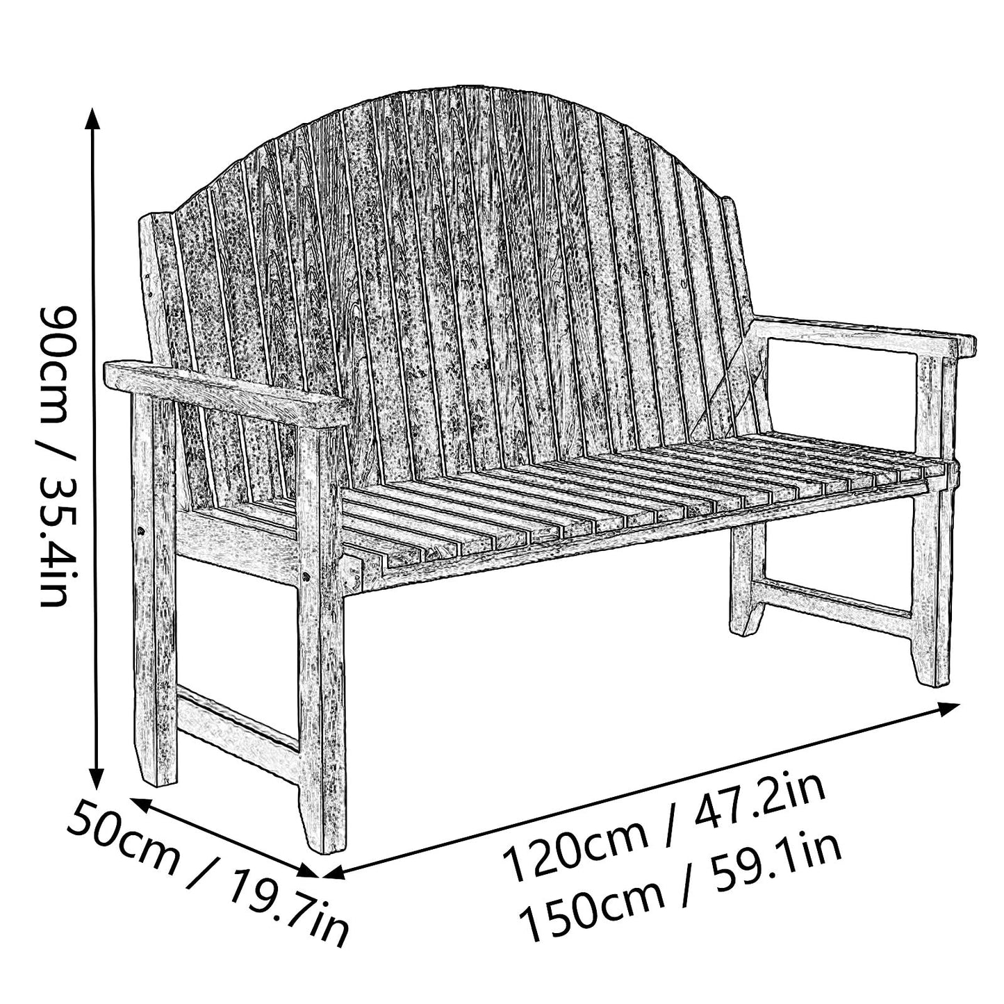Solid Wood Patio Bench for 2 with Backrest – Waterproof Outdoor Chair for Garden, Rooftop, Villa & Park – All-Weather Blue Furniture (150x50x90cm)