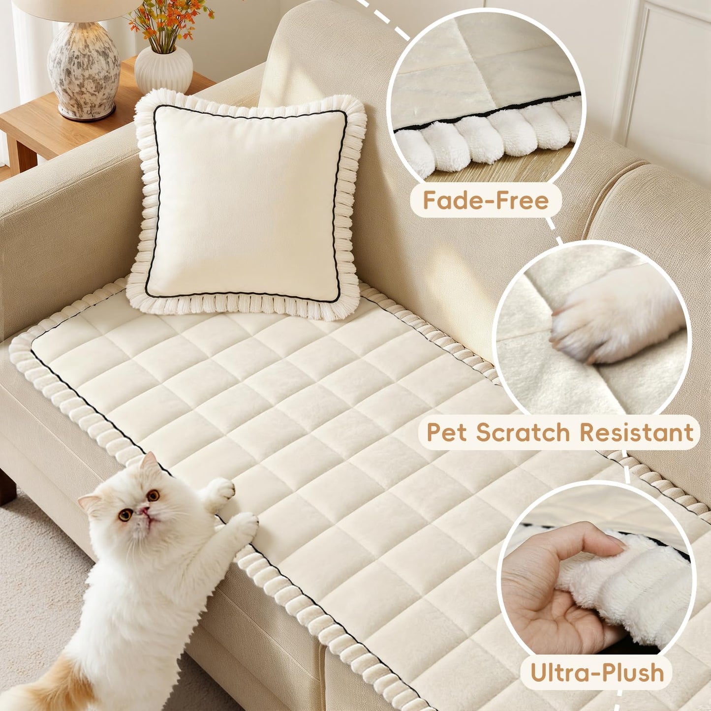 Arfntevss Pet Couch Covers for Sofa Washable Dogs Love Seat Cover for 2 Cushion Couch Plush Soft Velvet Loveseat Sofa Slipcover Anti-Slip Protector Washable (Fuzzy Grid Ivory White, 27.6" x 59")