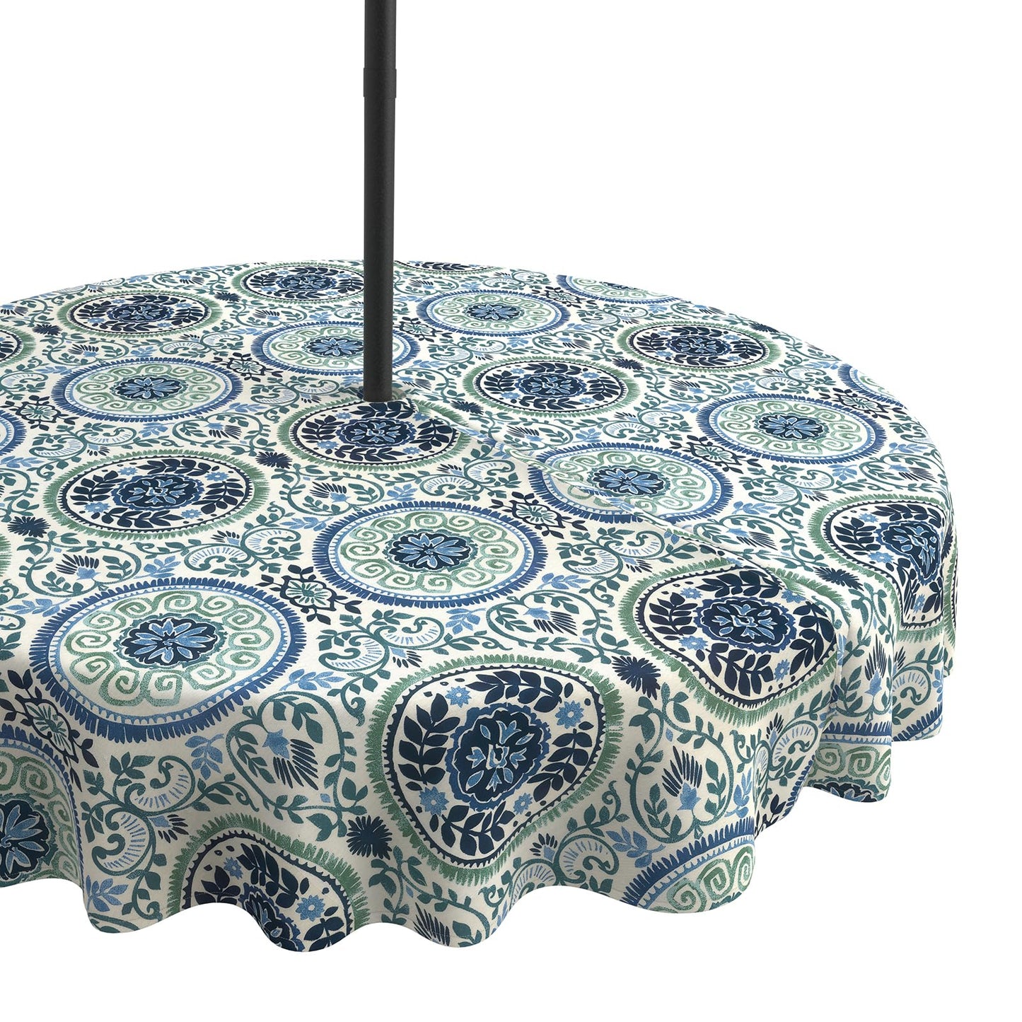 LVTXIII Round Outdoor Tablecloth with Umbrella Hole and Zipper, Water-Repellent 60 Inch Patio Table Cover for Bistro, Garden, Patio & Picnic, Coastal Medallion