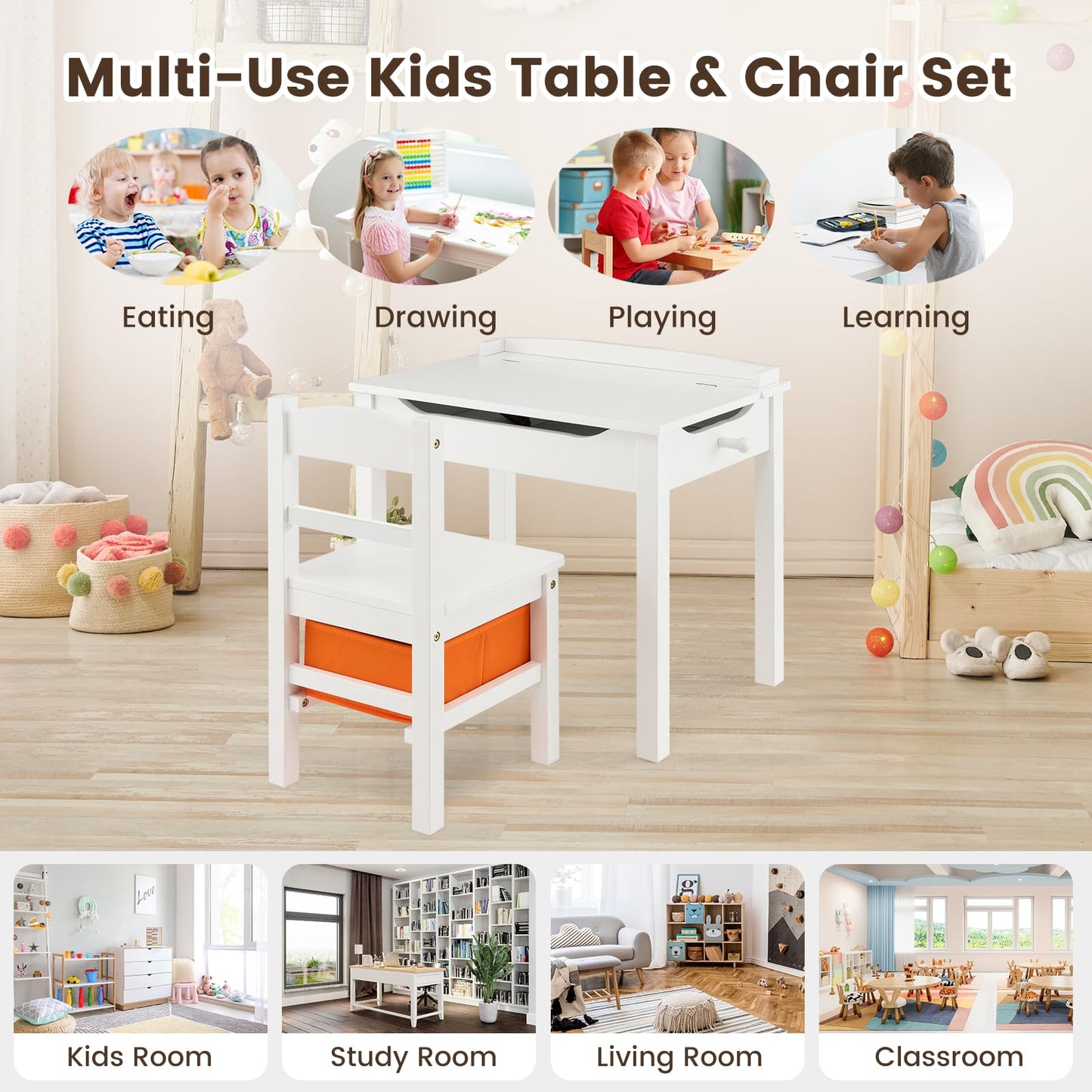 HONEY JOY Kids Table and Chair Set, Wooden Lift-Top Desk & Chair with Storage, Safe Hinged Lid, Activity Table Set for Craft Art, 2-Piece Children Furniture Set for Daycare, Kindergarten(White)