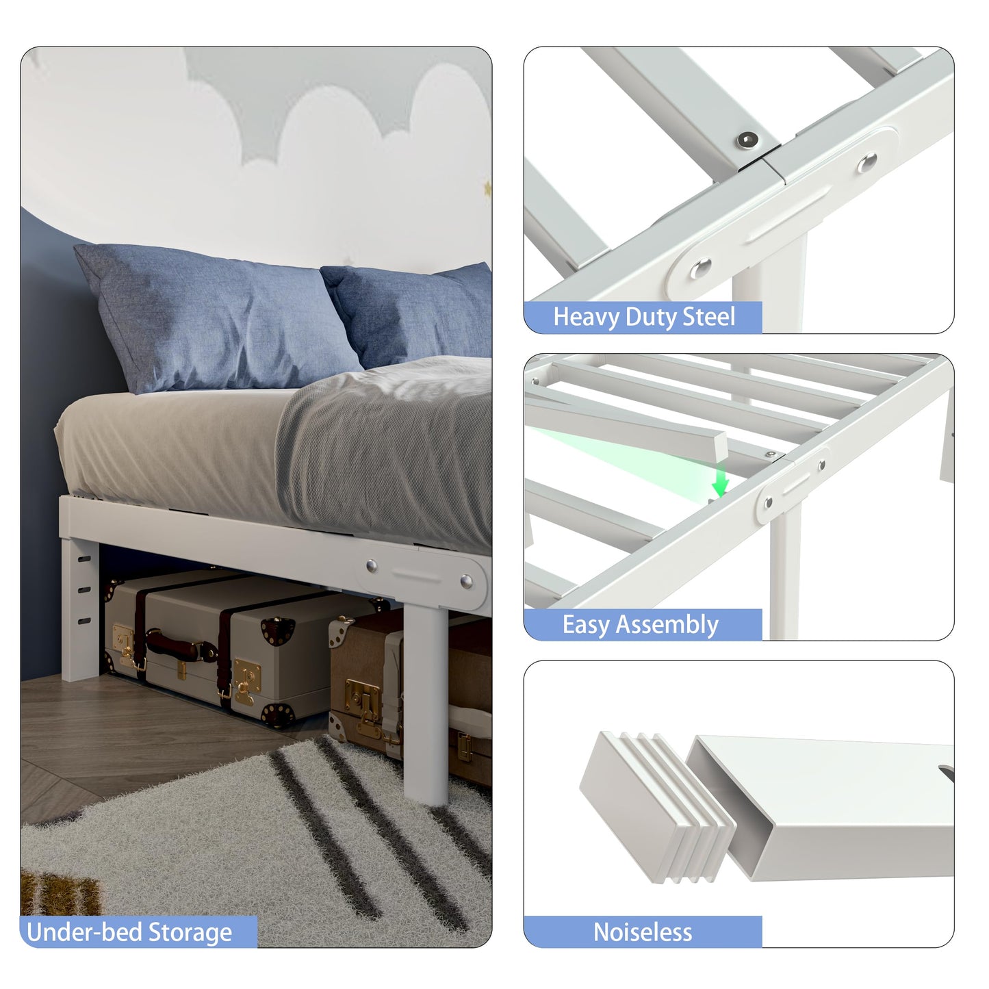 KZZLOL White Full Size Bed Frame 14 Inch, Metal Full Bed Frame No Box Spring Needed, Heavy Duty Steel Support 3500 LBS, DIY Headboard, Noiseless, Round Corner Legs, Storage Space, Easy Assembly
