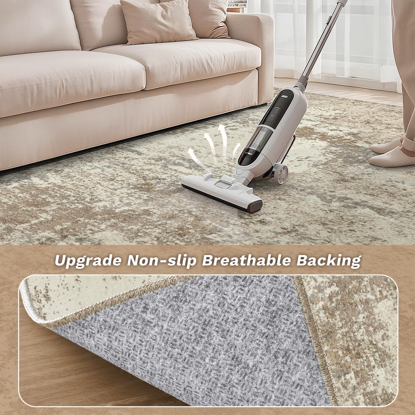 Micgeek Area Rug Living Room - 9X12 Abstract Washable Large Soft Foldable Non Slip Rug Neutral Modern Low Pile Carpet for Bedroom Nursery Dining Room Farmhouse Home Office Indoor - Khaki