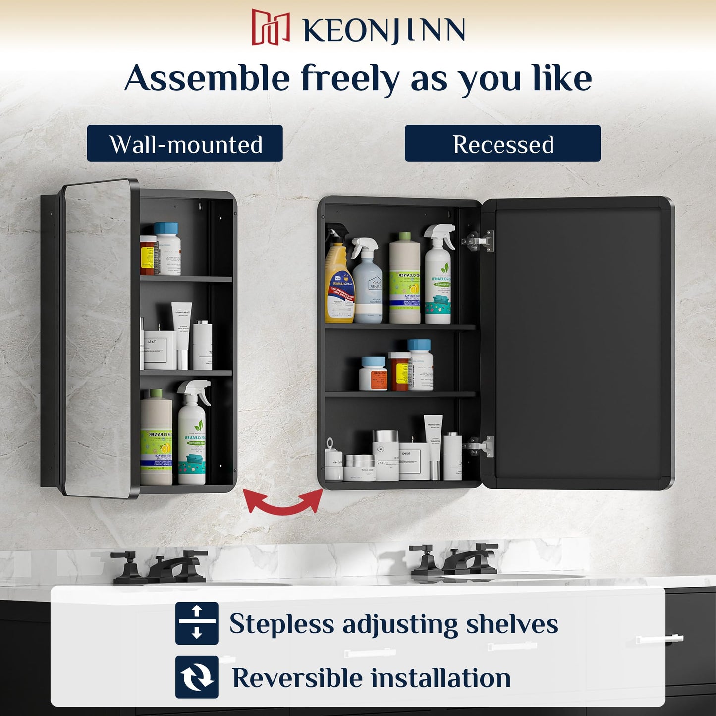 Keonjinn Black Medicine Cabinet 16 x 24 Inch, Bathroom Medicine Cabinet with Mirror, Heavy & Solid Stainless Steel Framed, Adjustable Shelves, Recessed or Wall Mount, Bathroom Mirror with Storage