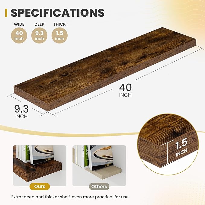 Acovy 40 Inch Floating Shelves, 9.3" Deep Floating Shelf Wall Mounted, Rustic