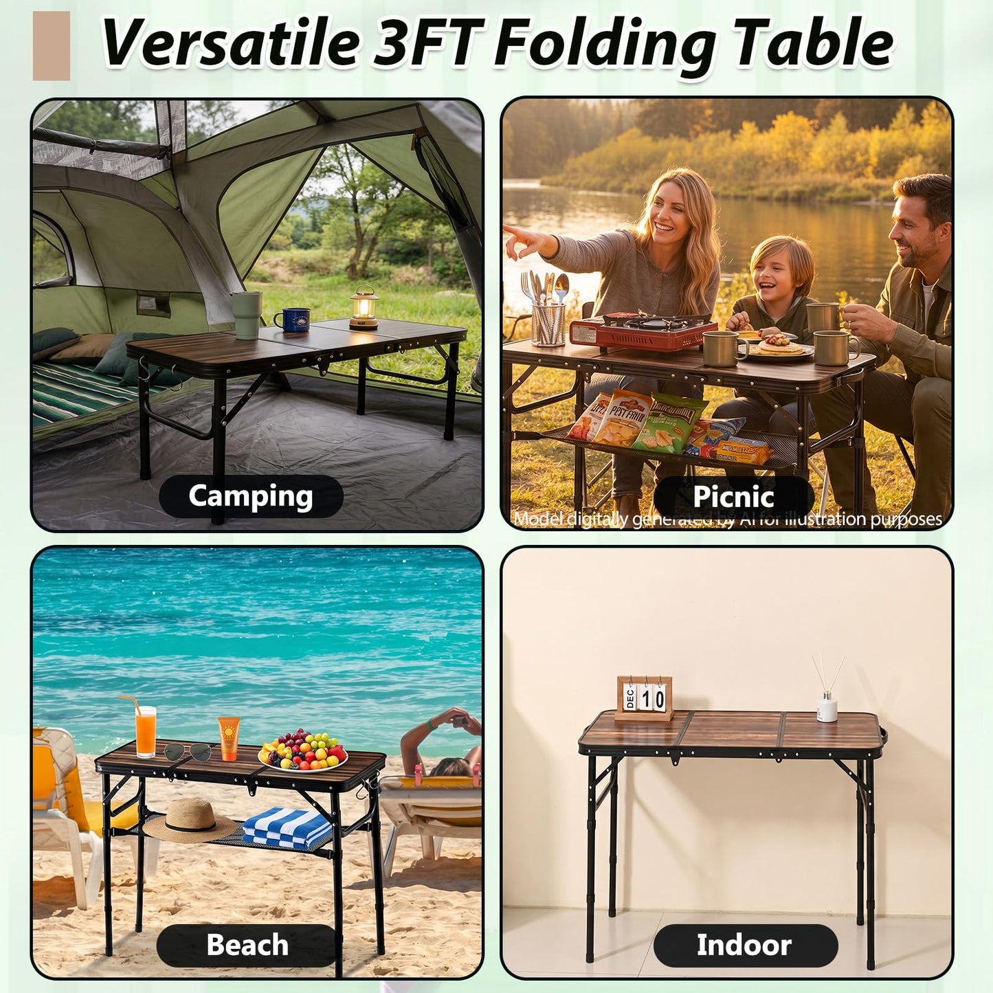 YihuiKo Folding Camping Table with Storage Net, Lightweight Portable Foldable Table with Adjustable Height Max 27.5 Inch Outdoor Table for Picnic Travel, Plank-Style Wood Grain