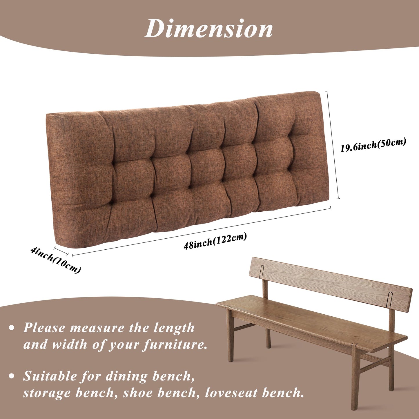 FlyGulls Bench Cushion for Indoor Furniture 48x19 inch Rectangle Bench Seat Cushion for Bay Window Entryway Bench Thick Textured Chair Cushion with Non-Slip Backing 1 Pack, Light Brown