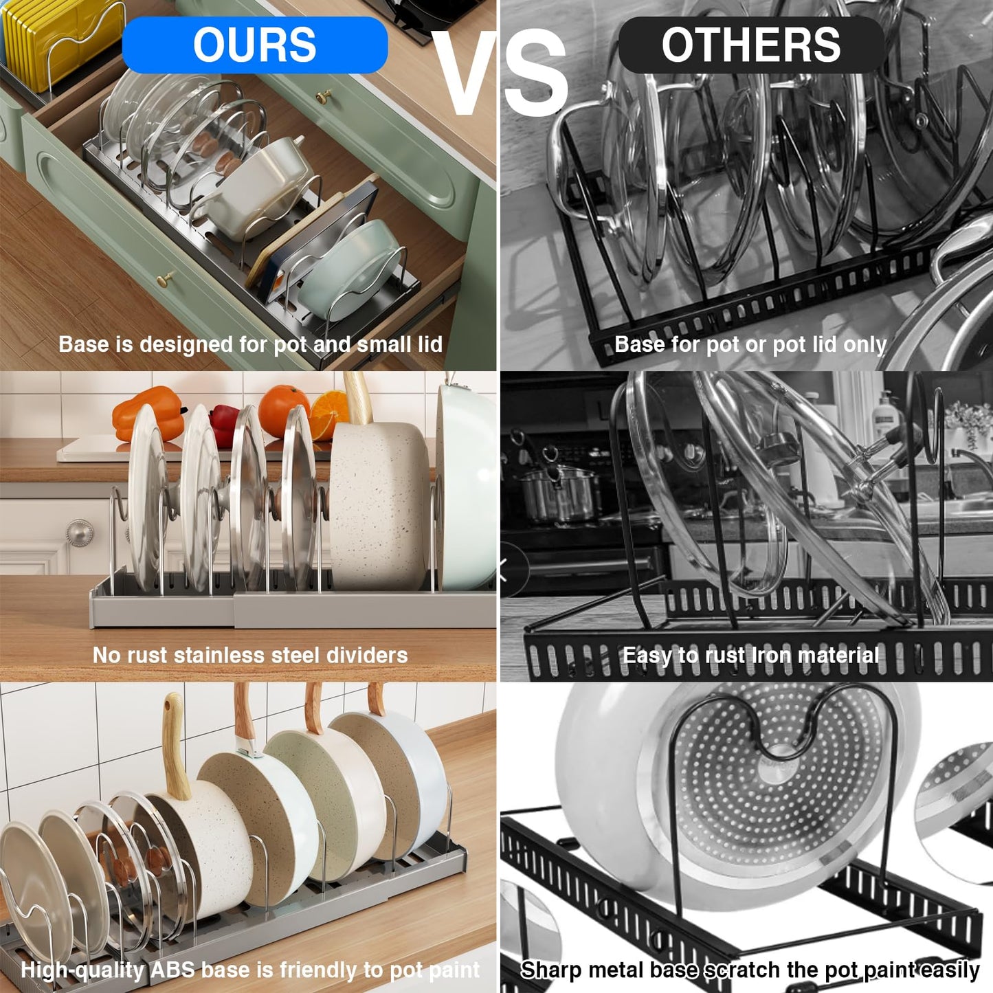 Mustorn 2 Pack Pots and Pans Organizer Under Cabinet, 22" Expandable Food Storage Container Lid Organizers with 9 Adjustable Dividers Pot and Pan Lid Holders Rack Inside Cabinet/Countertop(Gray)