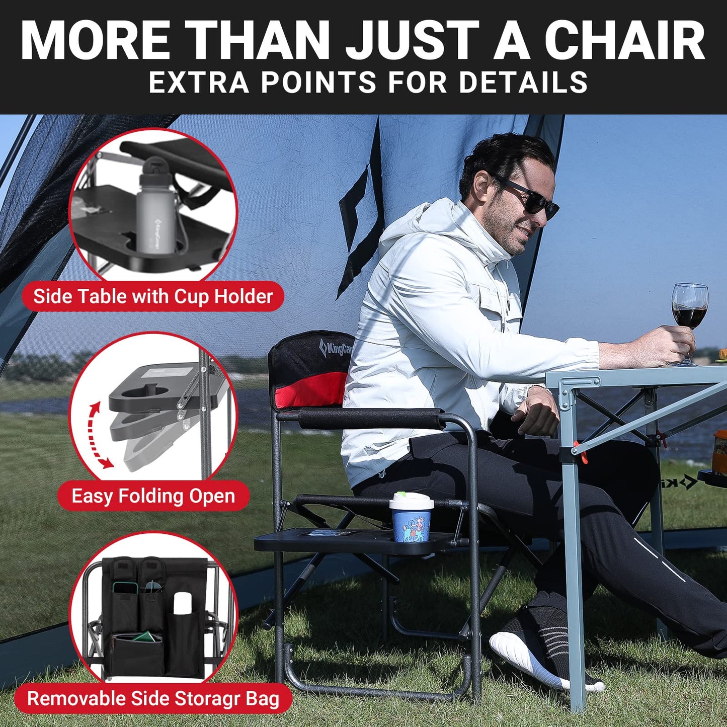 KingCamp Heavy Duty Camping Director Chair, Folding with Side Table & Storage, Red