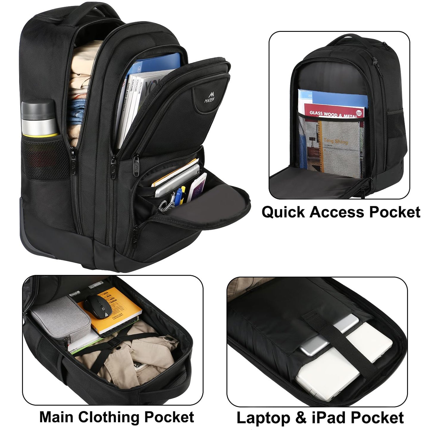 MATEIN Rolling Backpack, 17 inch Water Resistant Wheeled Laptop Backpack, Carry on Luggage Business Bag, Overnight College Computer Bag Trolley Suitcase for Men Women Adults to Travel, Black