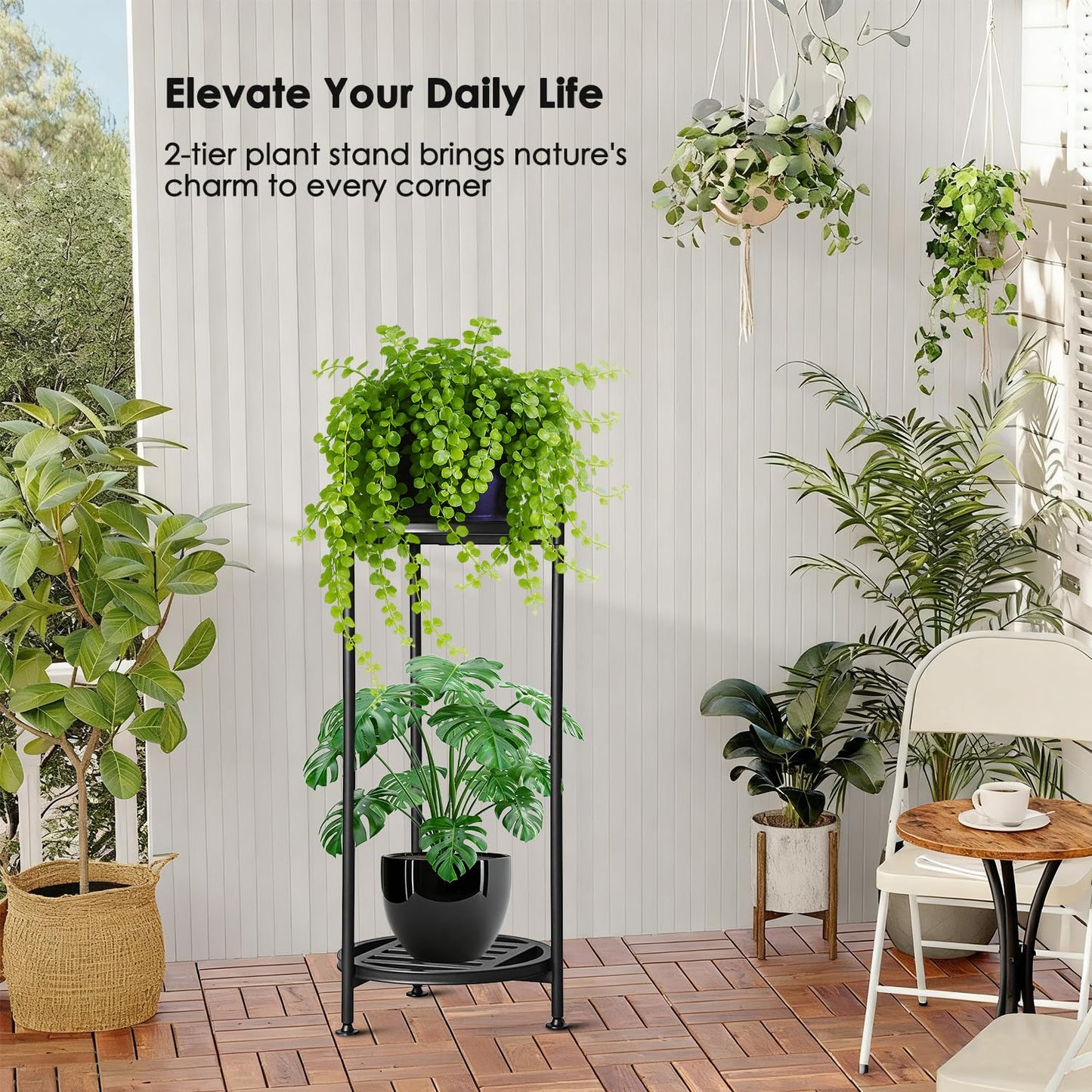 Hongsane Plant Stand Indoor Outdoor,2 Tier 30" Tall Metal Plant Stands,Heavy Duty Plant Holder for Large Pots,Outside Plant Shelves for Patio,Black Flower Display Shelf for Living Room,Bedroom,1-Pack