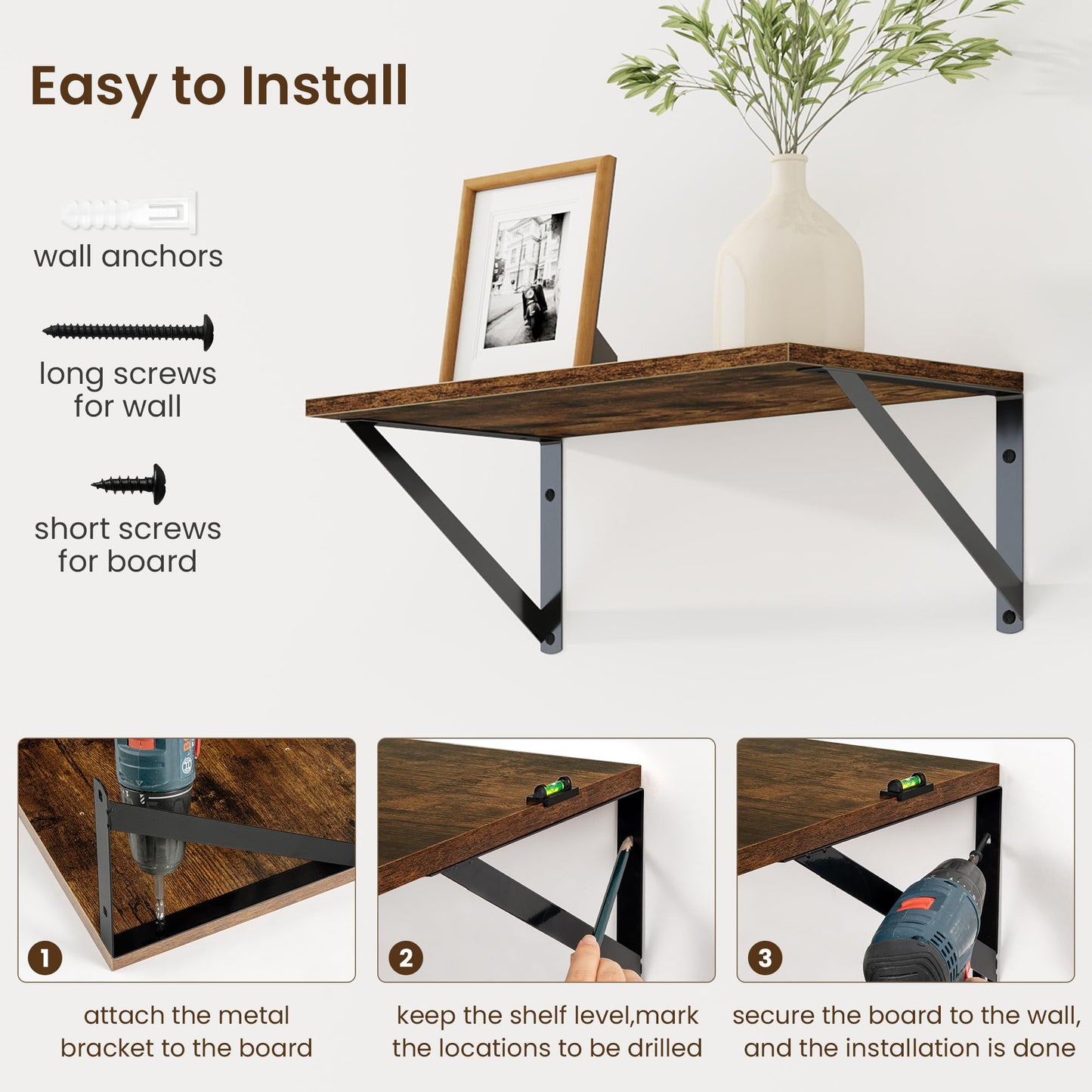 Fun Memories Deep Floating Shelves for Wall, 16W x 8D Wall Mounted Shelves Set of 2, Wide Display Ledge Shelf with Sturdy Metal Brackets for Living Room, Bathroom, Bedroom and Kitchen, Rustic Brown