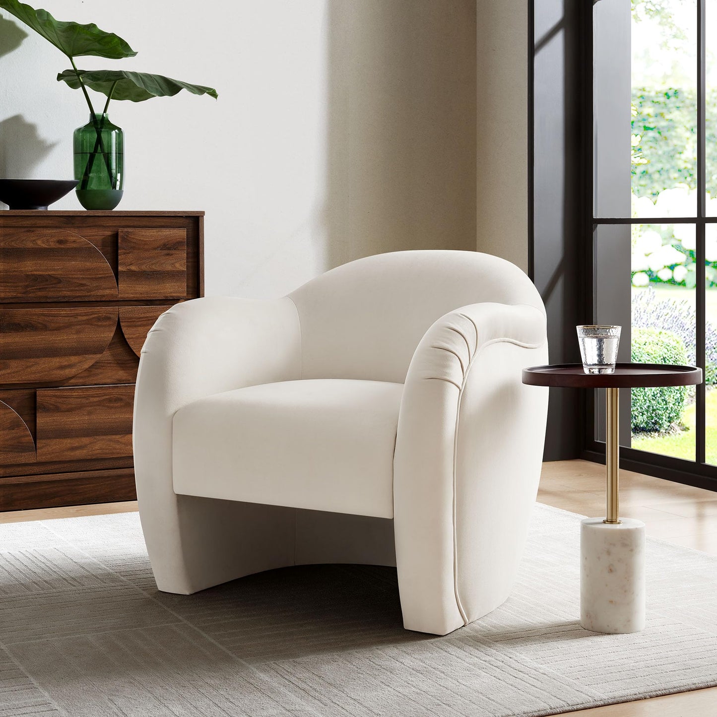 Modway Compose Barrel Chair with Performance Velvet Fabric in Alabaster – Upholstered Accent Armchair with Curved Backrest – Cozy Lounge Chair for Reading – Round Comfy Single Sofa Club Chair