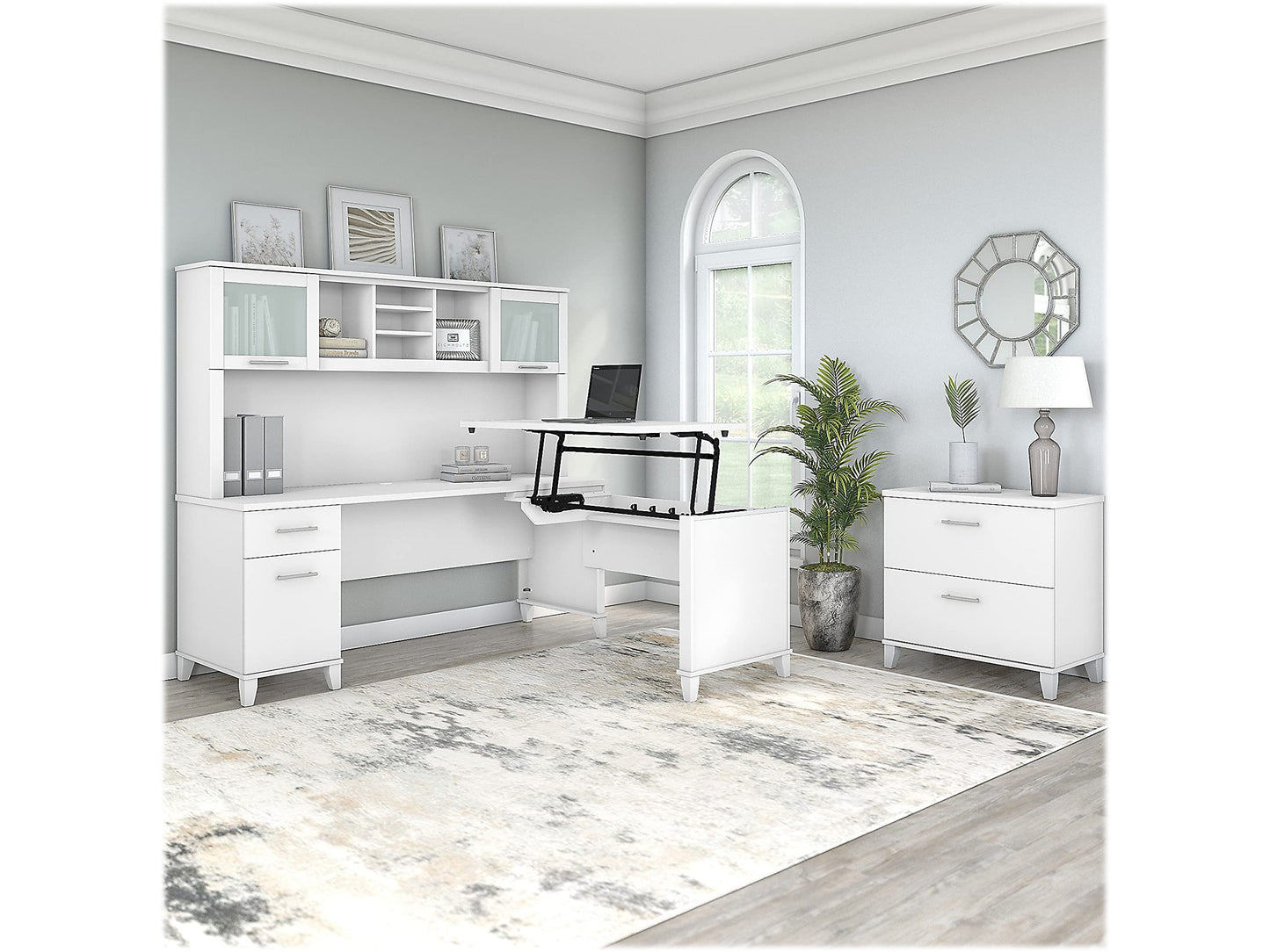 Bush Home Somerset 72W 3 Position Sit to Stand L Shaped Desk with Hutch and File Cabinet in White