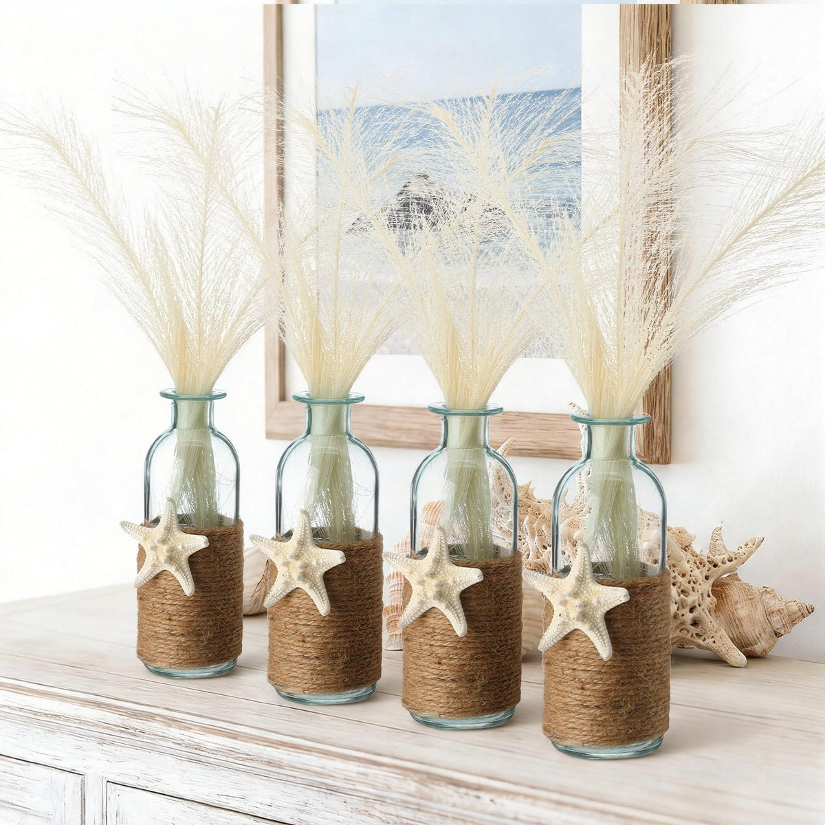 Vicenpal Set of 4 Blue Bud Glass Vase Coastal Starfish Small Flower Vase with Artificial Reeds Boho Rope Beach Decorative Table Centerpiece for Coastal Nautical Wedding Floral Room Decor