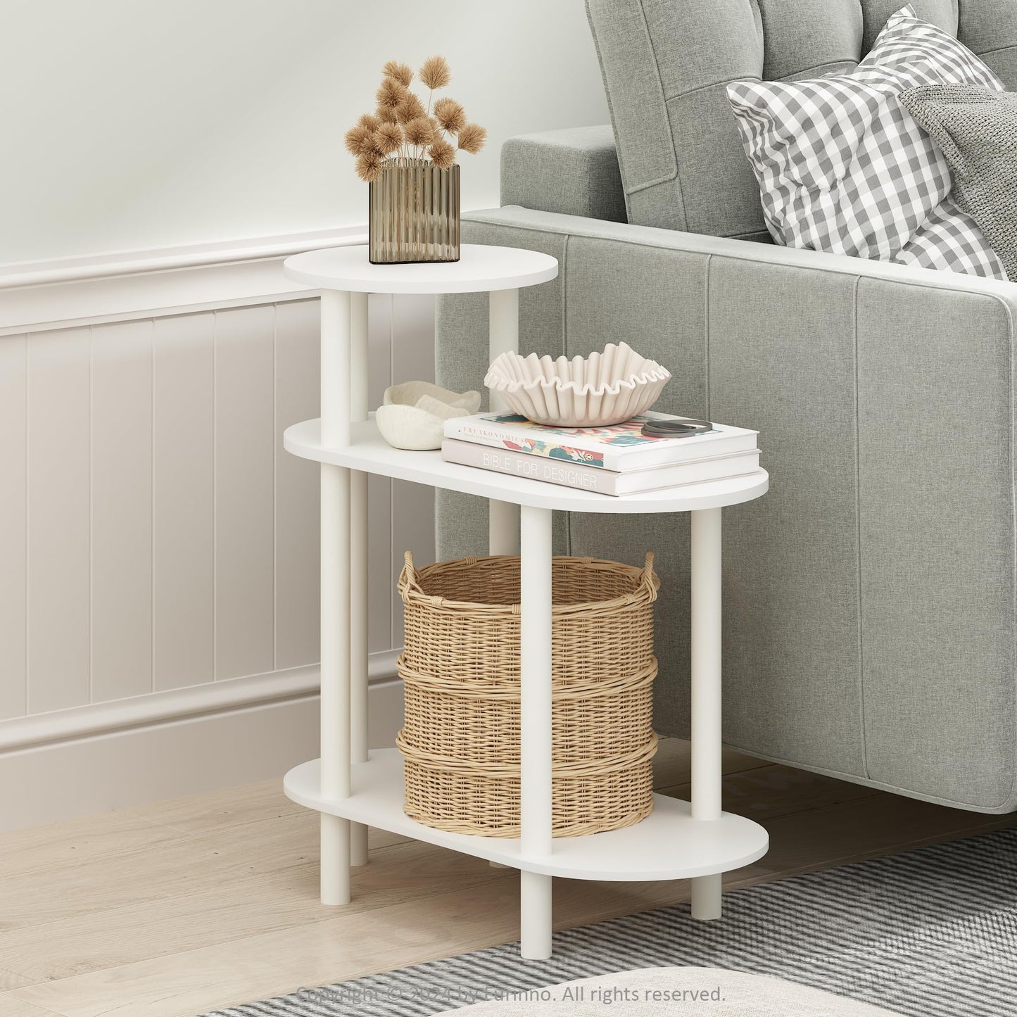 Furinno Turn-N-Tube Side Table, 3-Tier Narrow Sofa End Table with Oval Shelf, Night Stand, Bedside Table, Toolless Assembly, for Living Room, Bedroom, White