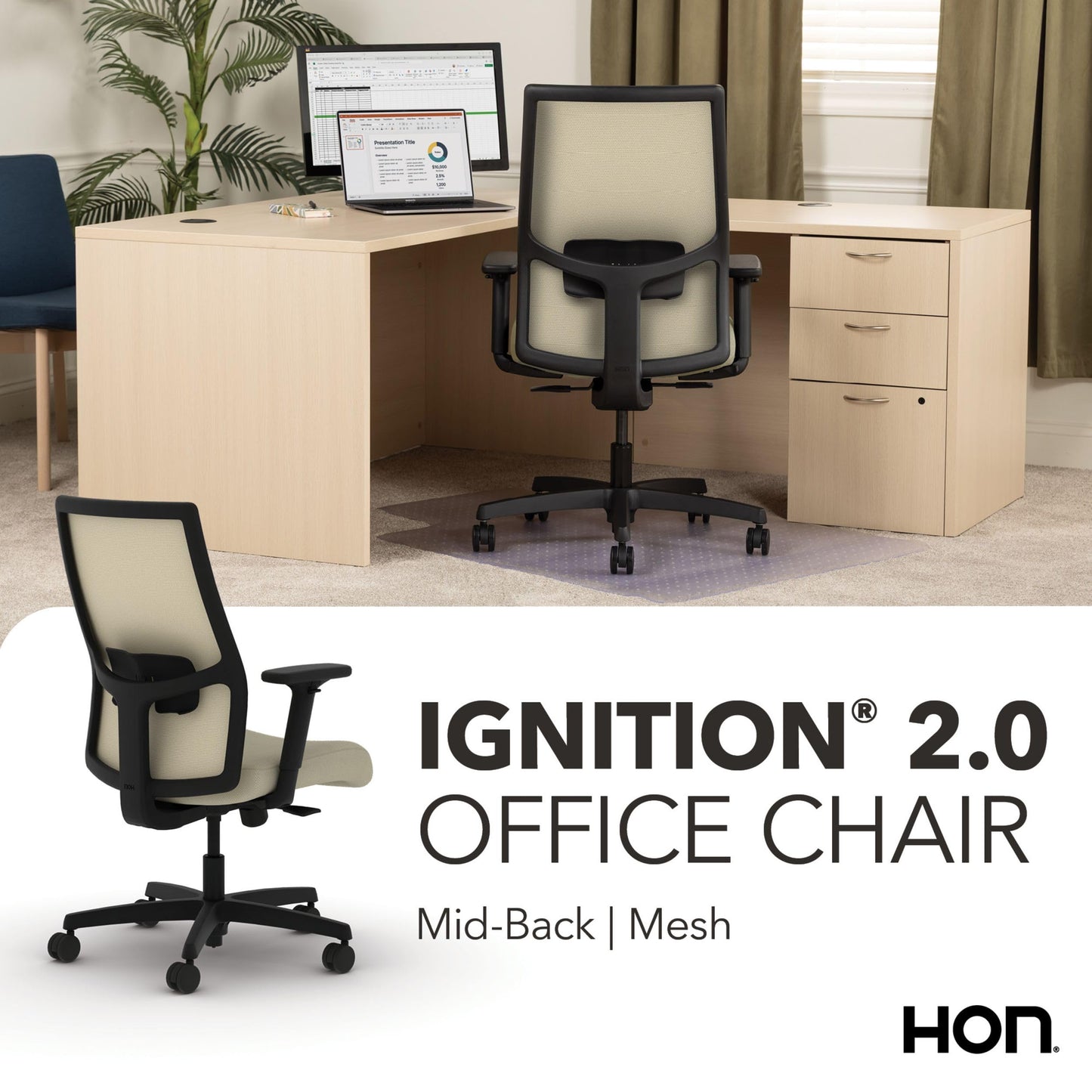 HON Ignition 2.0 Mid Back Task Chair, Spectrum Mesh, Standard Synchro-Tilt Control, Office Chair with Lumbar Support, Height and Width Adjustable Arms, Black Frame, Linen