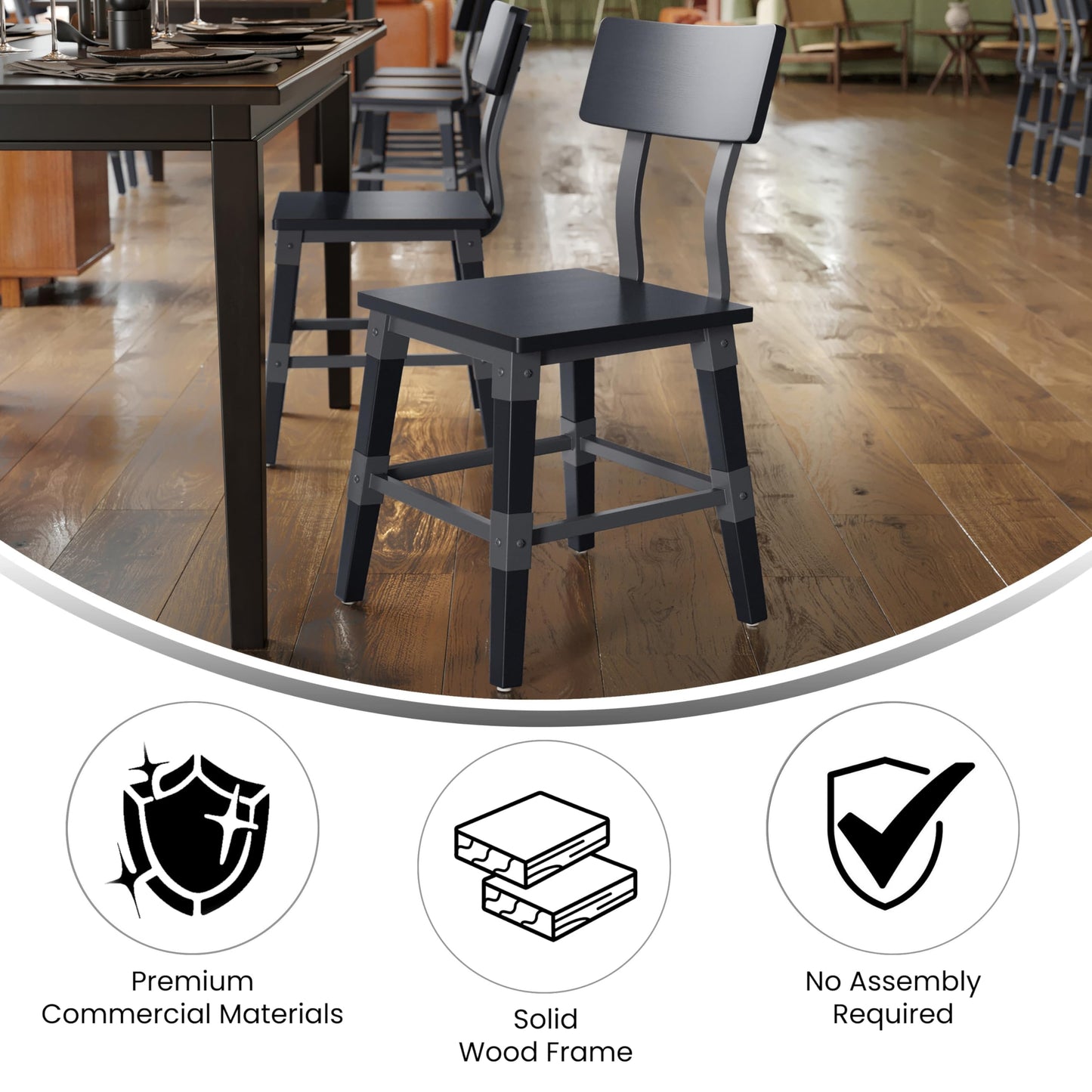 Flash Furniture Jackson Commercial Industrial Wood Dining Chair, Solid Beechwood Frame, Support Bar, Set of 2, Black