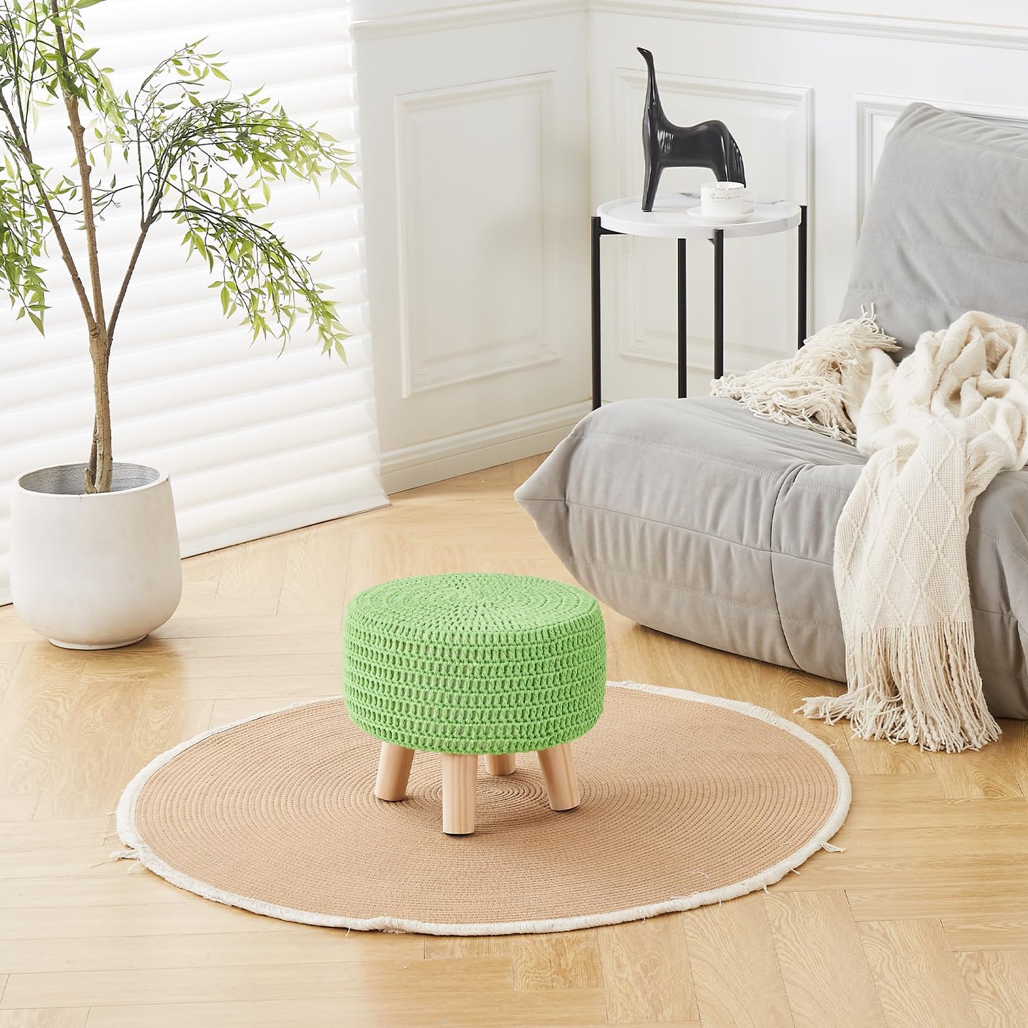 Wimarsbon Pouf Ottoman, 100% Cotton Knitted Boho Footstool, Round Footrest with Non-Skid Wood Legs, Home Décor Handmade Pouffe, Leisure Floor Step Stool for Living Room (Matcha)