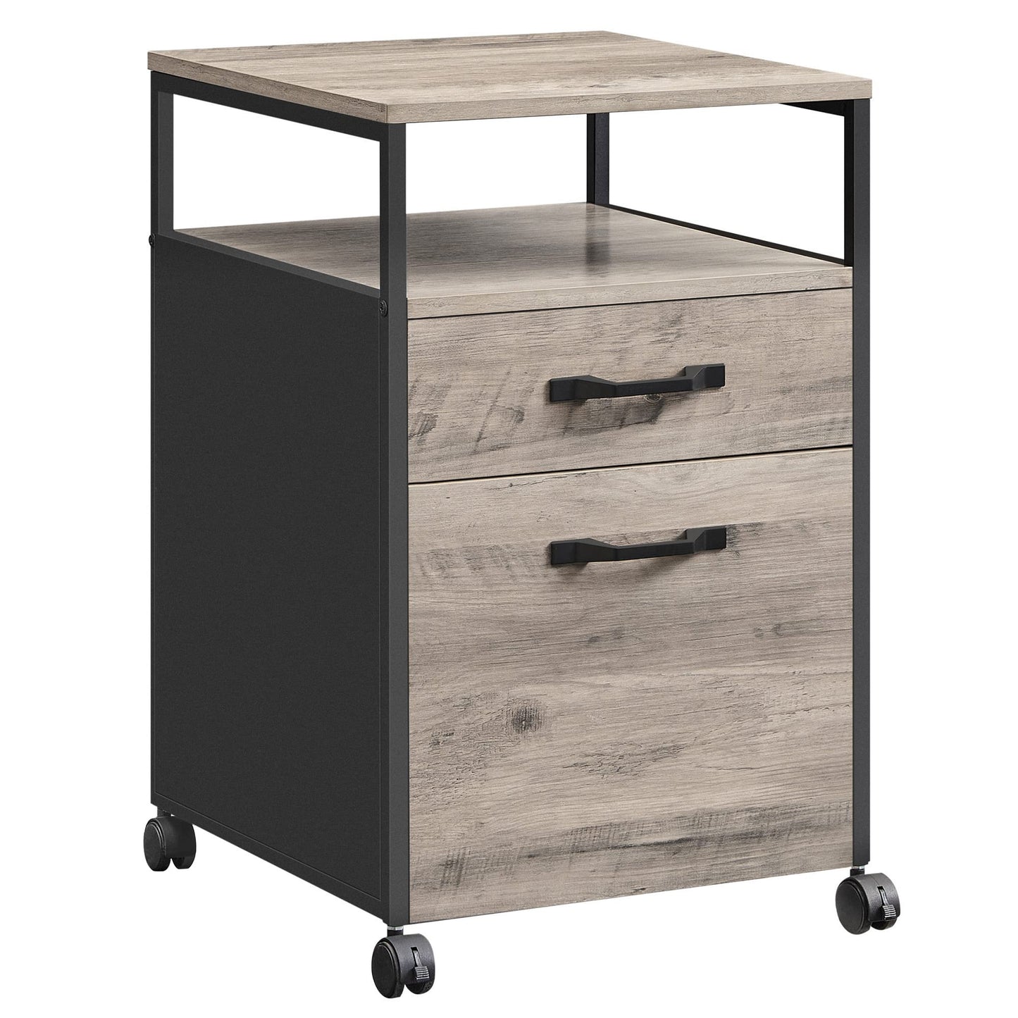 VASAGLE File Cabinet, Mobile Filing Cabinet with Wheels, 2 Drawers, Open Shelf, for A4, Letter Size, Hanging File Folders, Heather Greige and Ink Black UOFC071B02