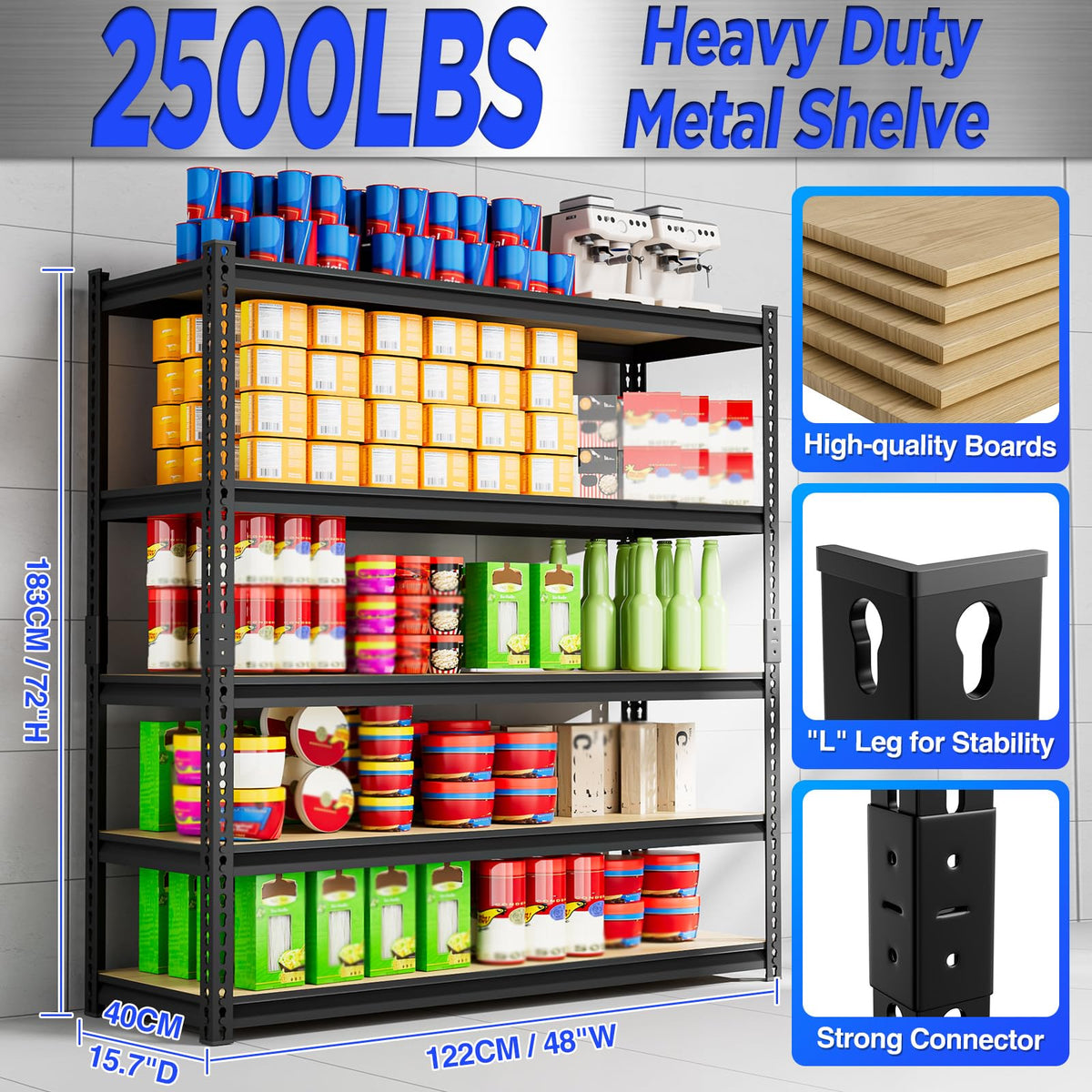 cynnda 5-Tier Garage Shelving 48" W x 15.7" D x 72" H Industrial Storage Shelf 2500LBS Heavy Duty Metal Shelve Adjustable Utility Pantry Shelving Units(Black)
