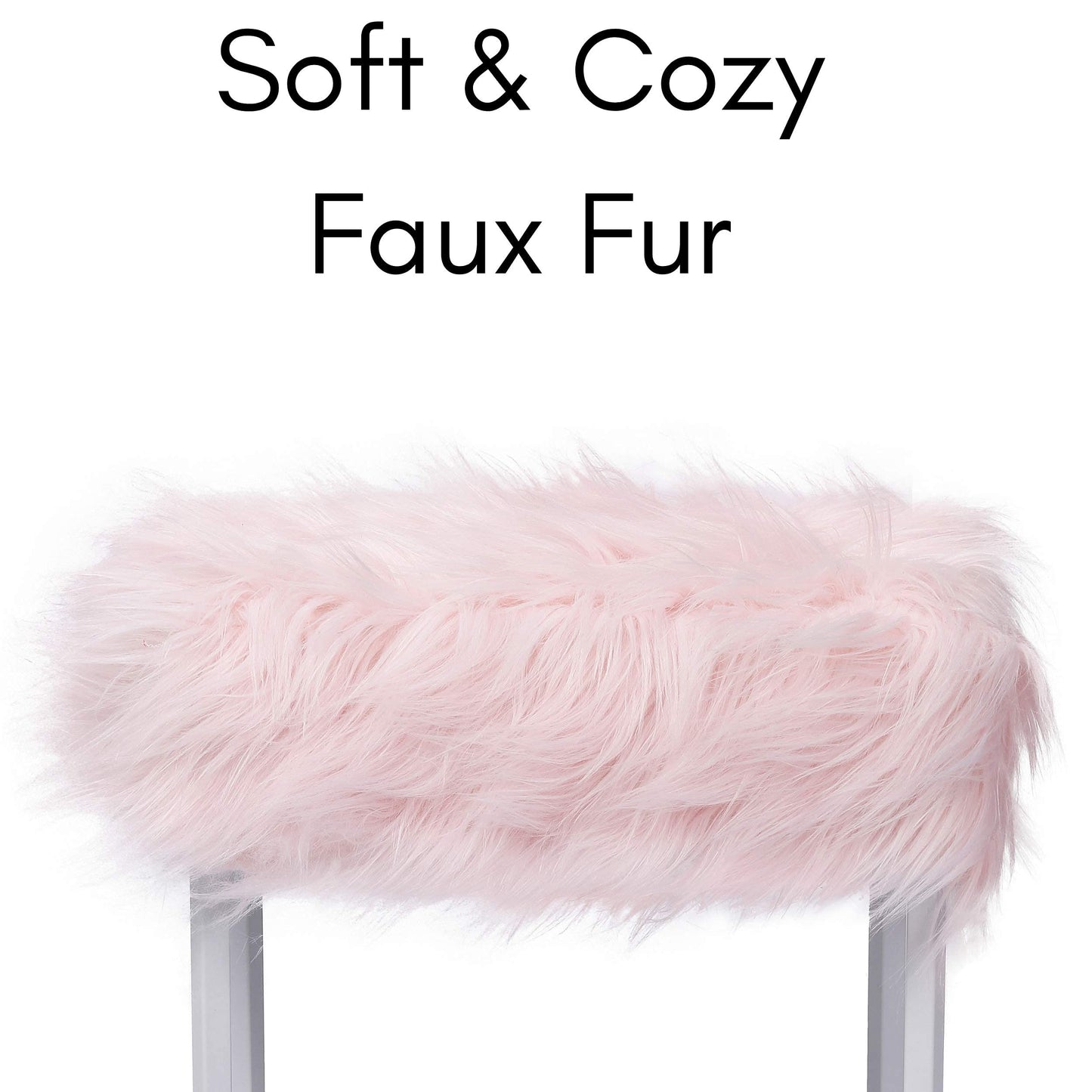 BIRDROCK HOME Rectangular Faux Fur Vanity Foot Stool Ottoman with Metal Legs - Small Soft Padded and Fluffy Makeup Seat or Foot Rest for Bedroom, Desk, or Dressing Table (Pink and White)