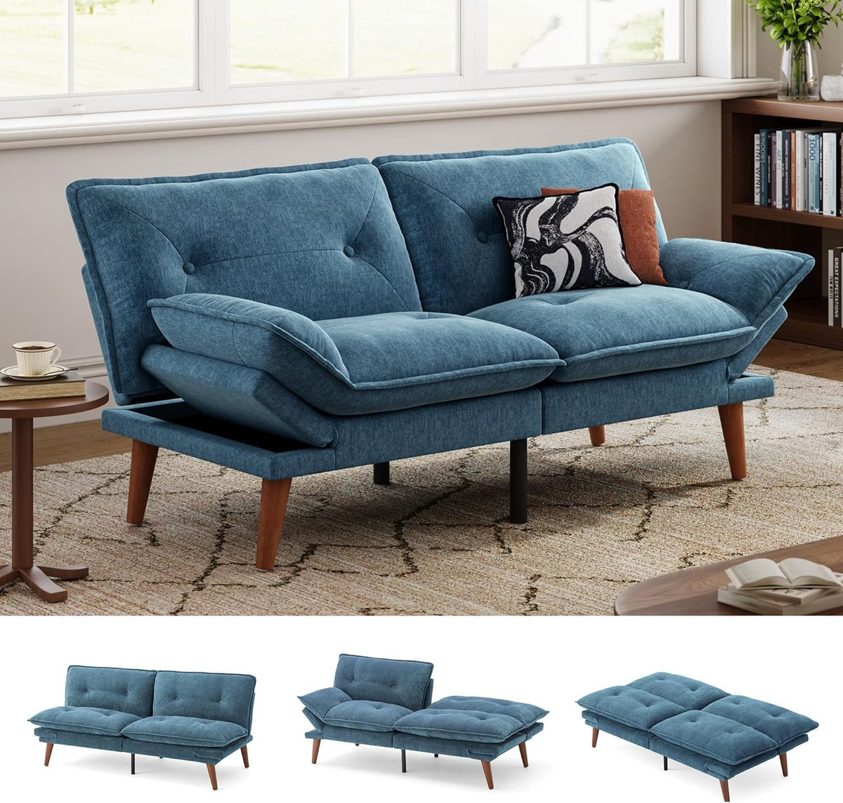 LINSY HOME Futon Sofa Bed, 70" Chenille Futon Couch with Adjustable Backrest Armrest, 3 in 1 Convertible Comfy Loveseat Sleeper Sofa Bed for Small Spaces Dorm Room Apartment Home Office（Blue）