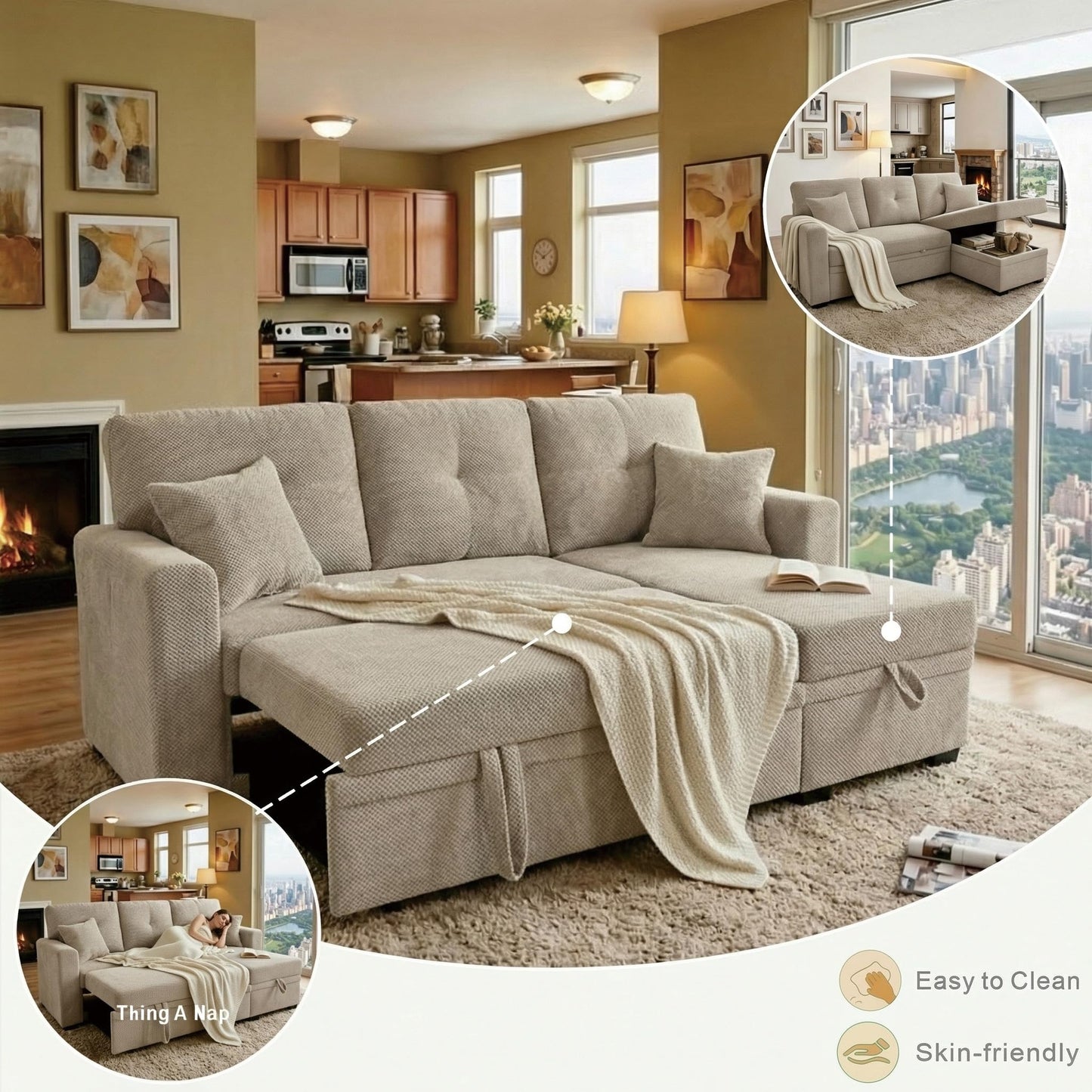 WuerQi 71" Sofa Bed with Queen Size Pull Out Couch, Sectional Sleeper Sofa with Reversible Storage Chaise, L Shaped Couch for Living Room, Apartment and Small Spaces (Camel-L Shaped)