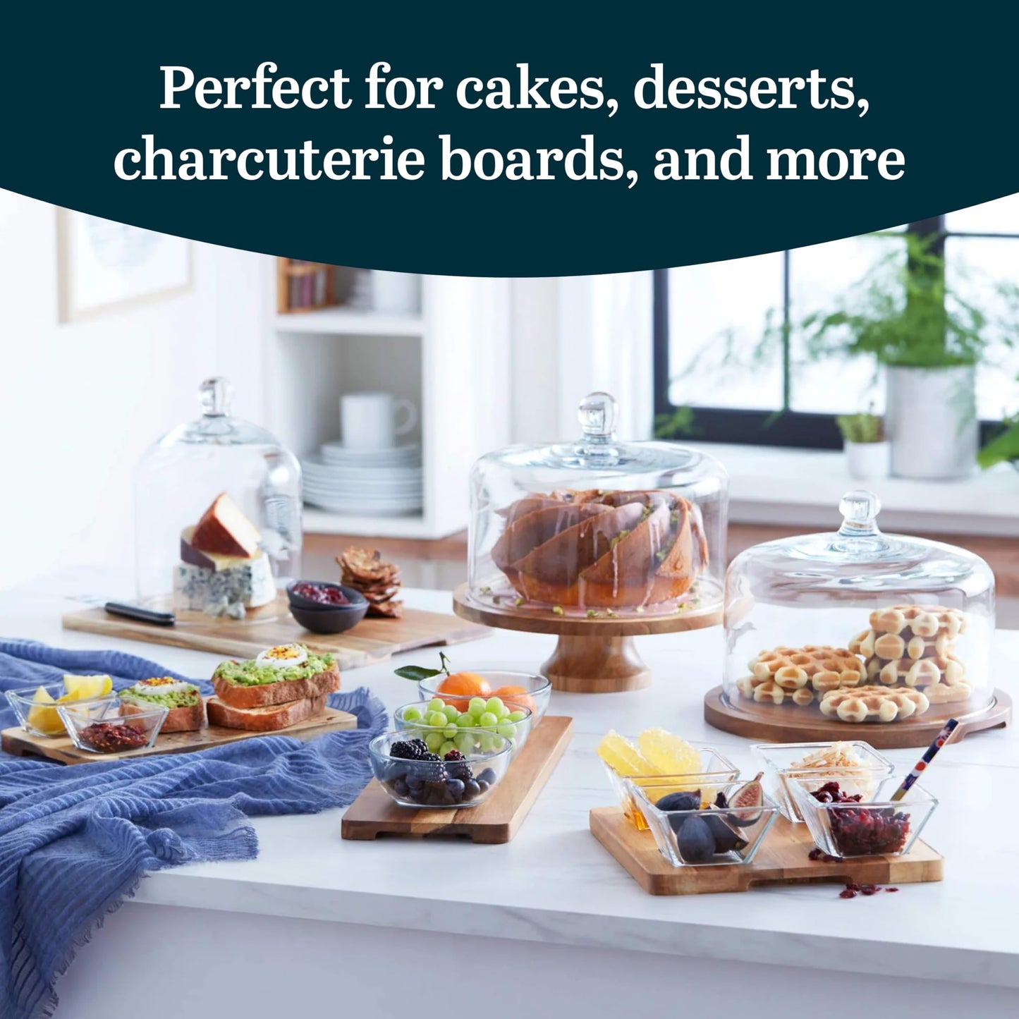 Libbey Acacia Wood Cake Stand with Lid, Ball Top Handle Cake Holder with Lid, Covered Pastry Holder, Durable Glass Dome Cover