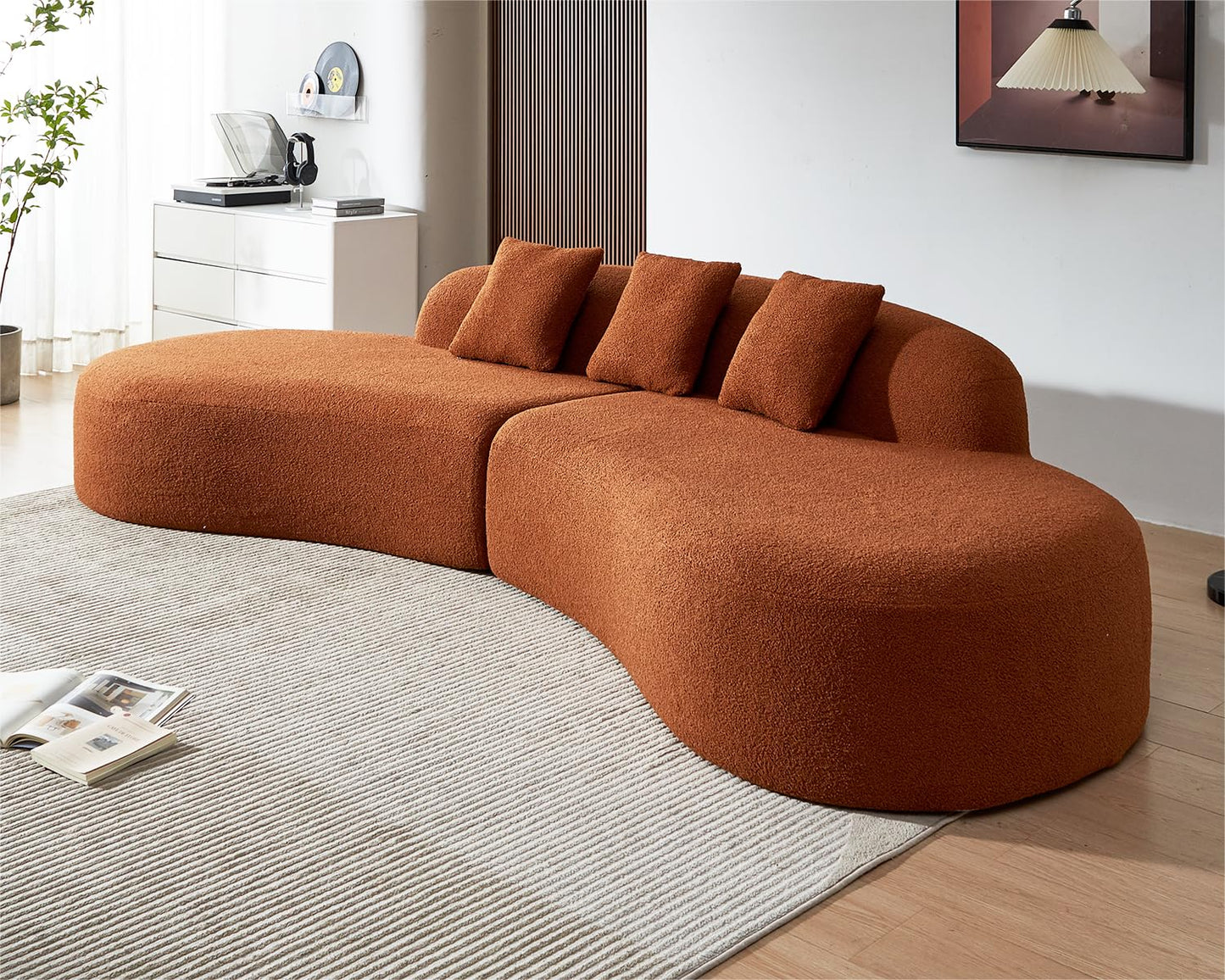 BBTJOINT Modern Curved Sectional Sofa, Boucle Fabric Boneless Couch, Oval Shape Chaise Lounge for Living Room with 3 Throw Pillows, (Burnt Orange)