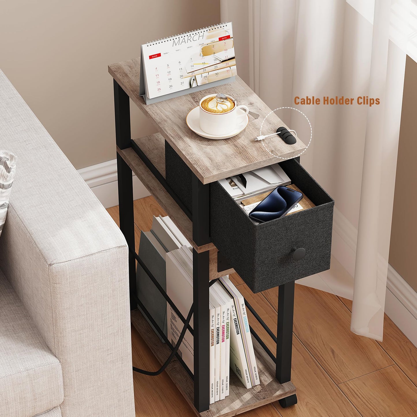DGSANDGO Narrow Side Table (1PC) - Grey & Black Two-Tone End Table with Charging Station Drawer & 4 Wheels, Personalized Mobile Storage Nightstand for Bedroom Living Room (1 AC + 2 USB Ports)