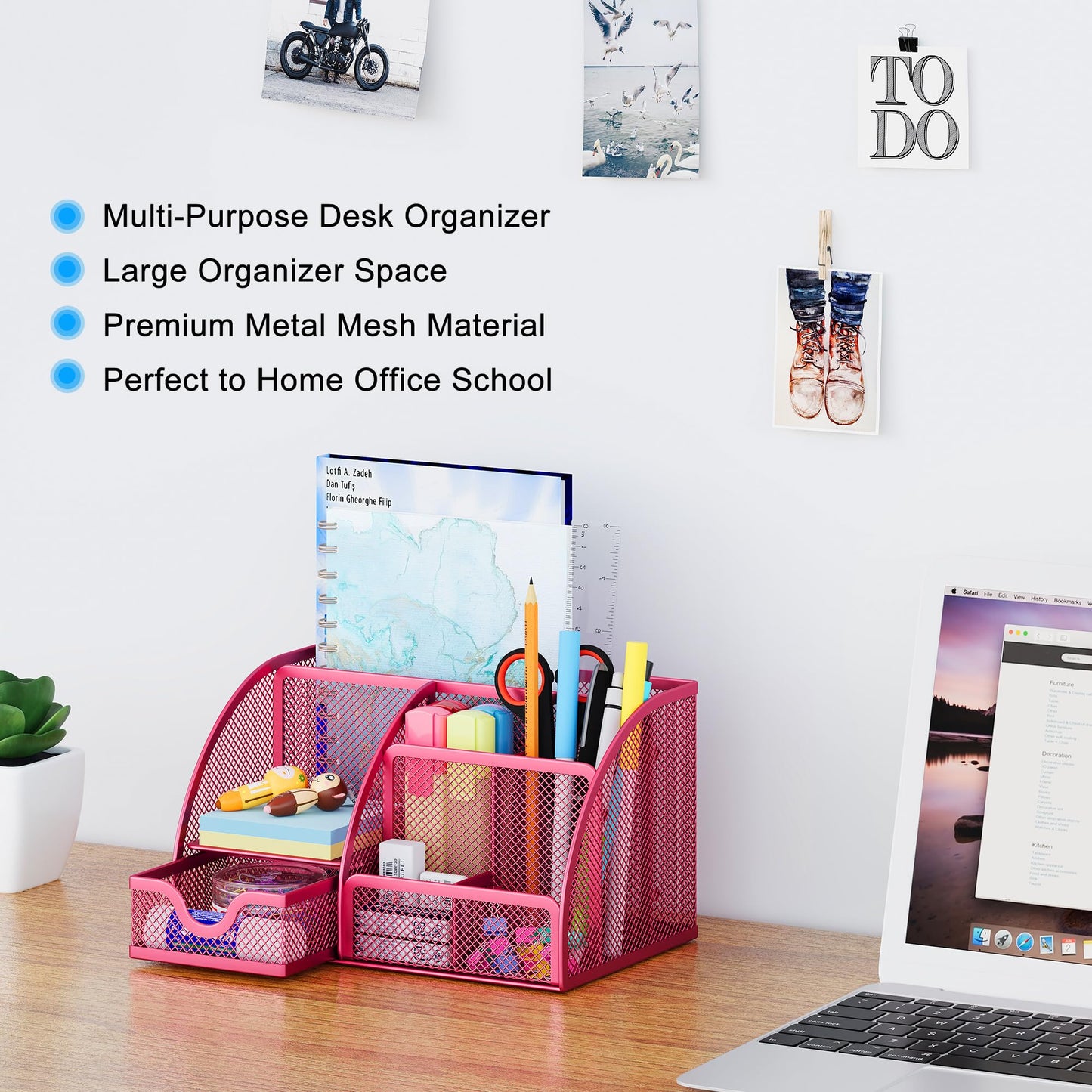 EasyPAG Mesh Desk Organizer with Drawer Multi-functional Pen Holder Stationery Organizer for Office School Supplies 6 Compartments Dorm Organizers and Storage for Desk, Hot Pink