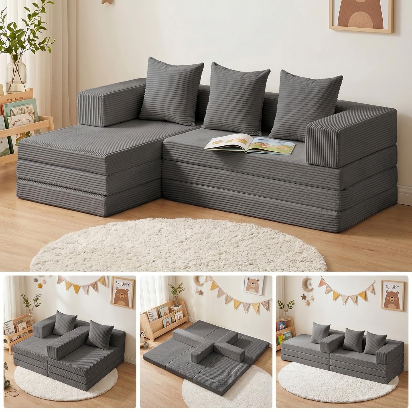 65'' L Shaped Couches for Living Room, Cloud Sectional Couch, Boneless Couch with Deep Seat Left Facing Chaise, Mini Modular Sectional 3 Seater Sofa for Apartment Furniture, No Assembly Needed, Grey