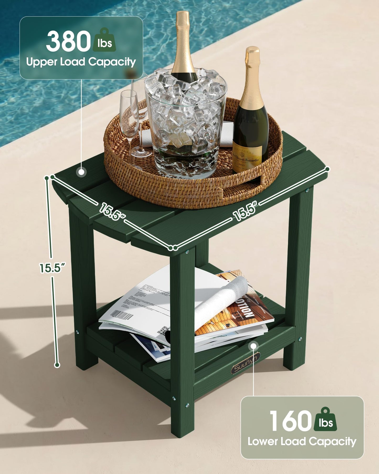 SUUNYN Outdoor Side Table, 2-Tier HDPE Small Outdoor Table, Adirondack Side Tables, Outside End Tables for Patio, Porch, Deck, Pool, Weather Resistant (Green)