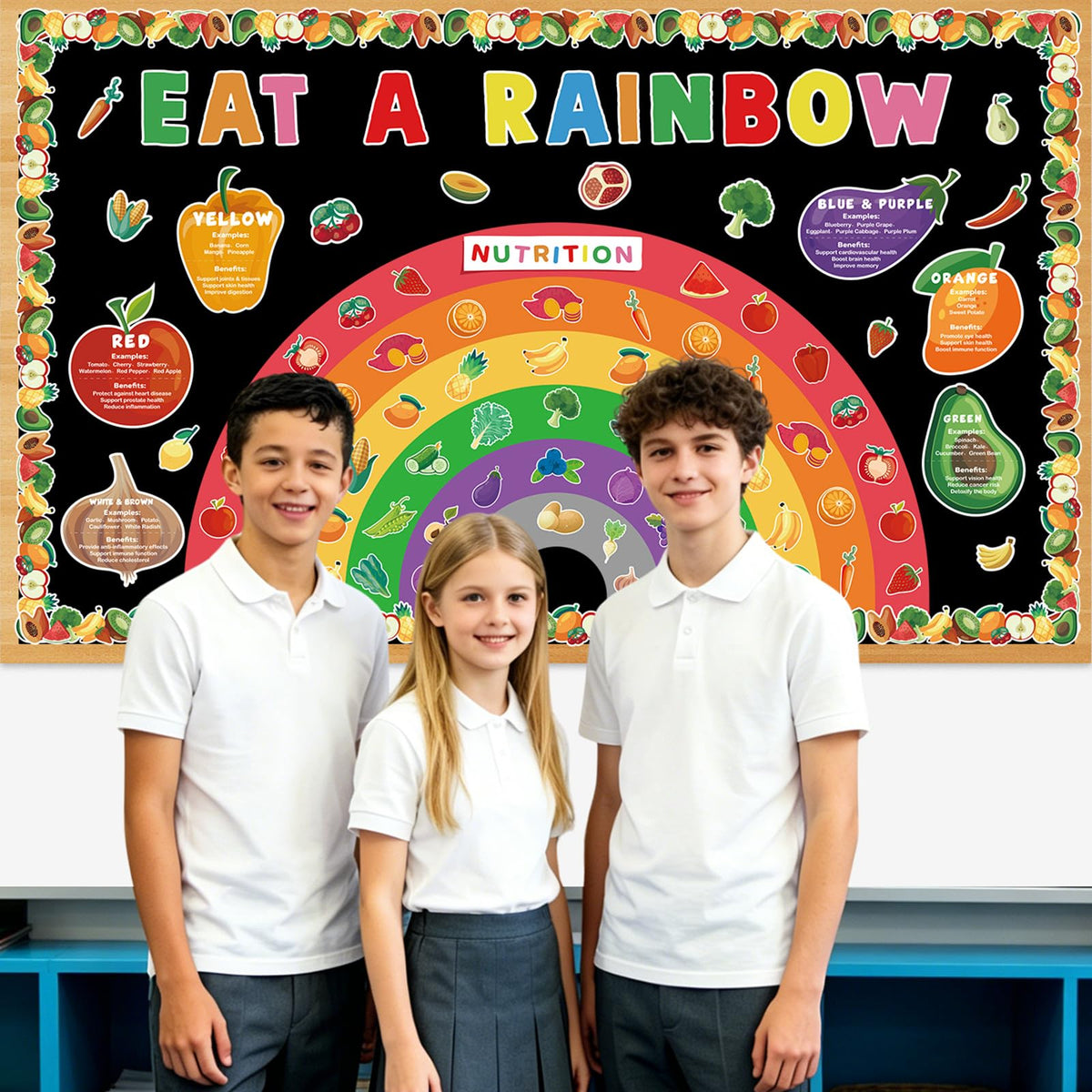 Eat A Rainbow Bulletin Board Set Healthy Food Fruit Vegetable Classroom Decoration Nutrition High Fiber Foods Cutouts Healthy Eating Board Border for Back to School Chalkboard Wall Decor Supplies