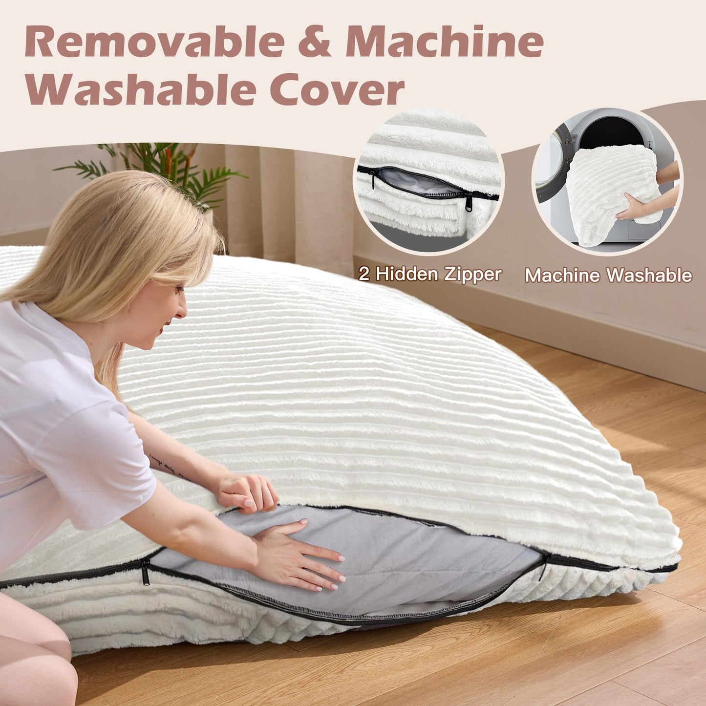 MuaMelop Bean Bag Chair, Giant Bean Bag Chair, 4 in 1 Convertible Beanbag Chairs for Adults with Removable Cover, Memory Foam Floor Cushions, Living Room, Bedroom, Beige