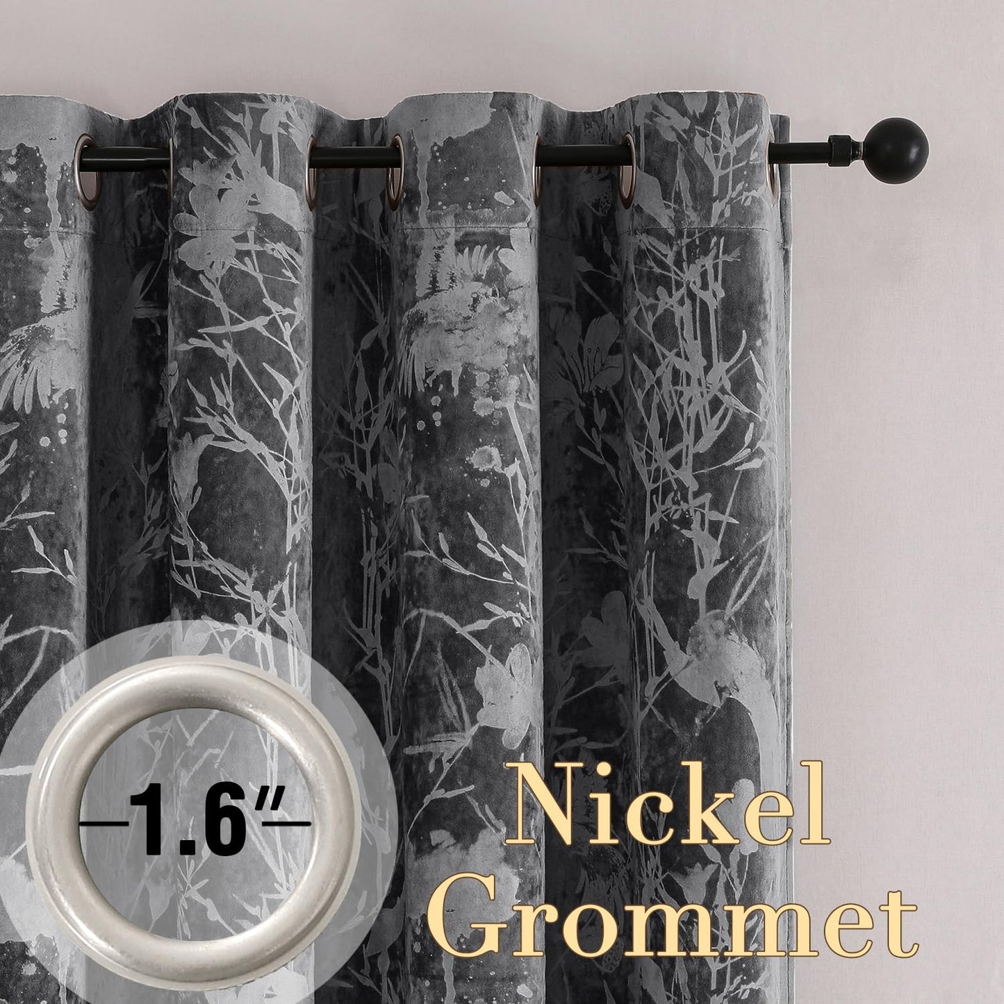 H.VERSAILTEX Luxury Velvet Curtains for Bedroom 108 Inches Length 2 Panels Thermal Birds and Lotus Floral Pattern Curtains for Living Room Boho Style Grommet Drapes for Theatre Hall, Dark Gray