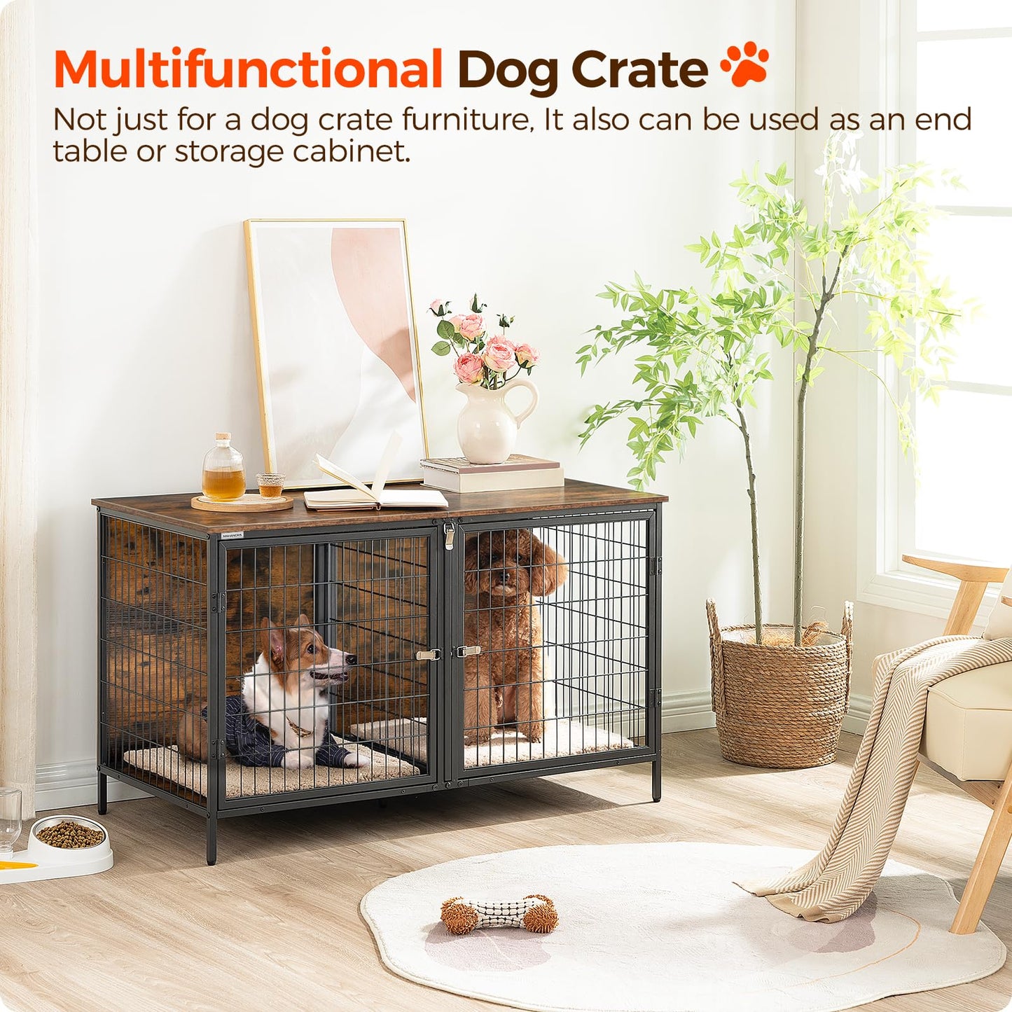 MAHANCRIS Dog Crate Furniture for 2 Dogs, 43.3" Dog Kennel with Removable Divider, Heavy Sturdy Dog Furniture Style Double Cage for Small Medium Dog, Indoor Pet House End Table, Rustic Brown DCHR1201