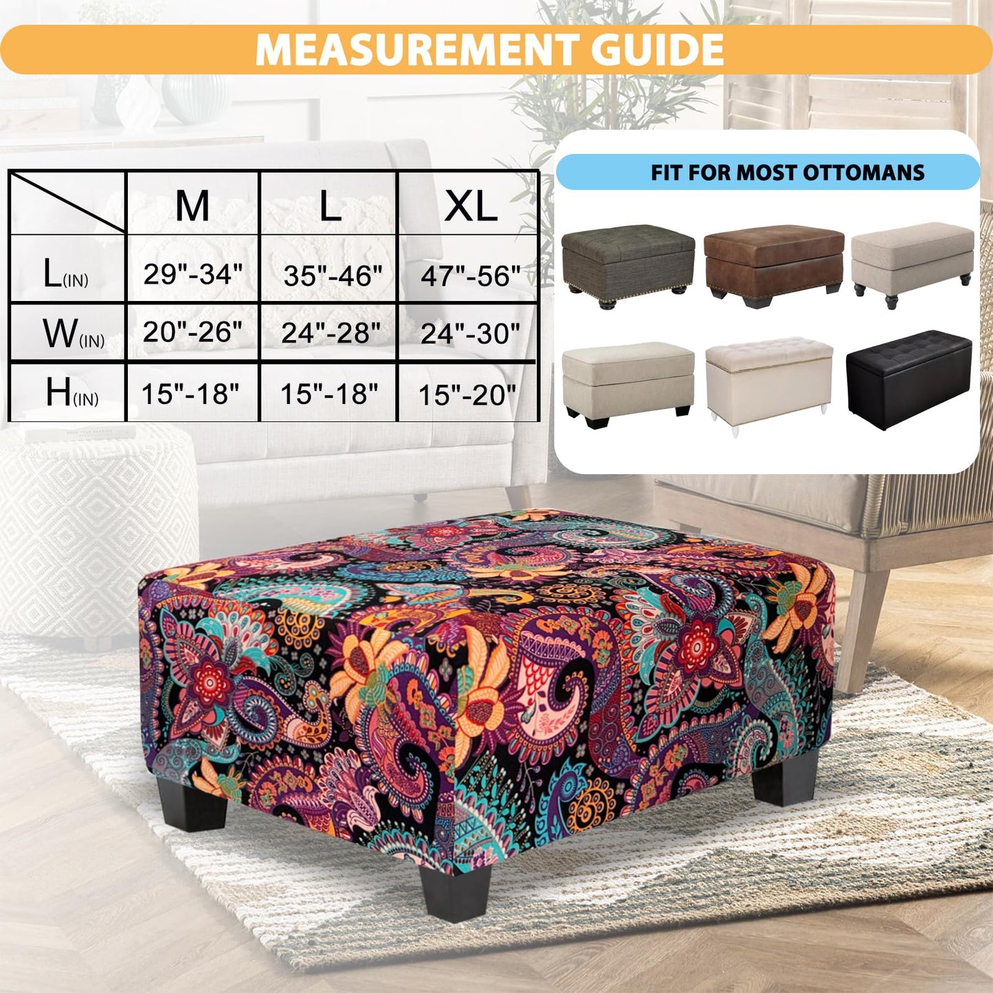 TOPHMDECOR Rectangle Ottoman Cover Printed,Stretch Footstool Slipcover with Elastic Bottom,Soft Fabric Protector for Rectangular Ottoman in Living Room or Bedroom,Medium,Purple