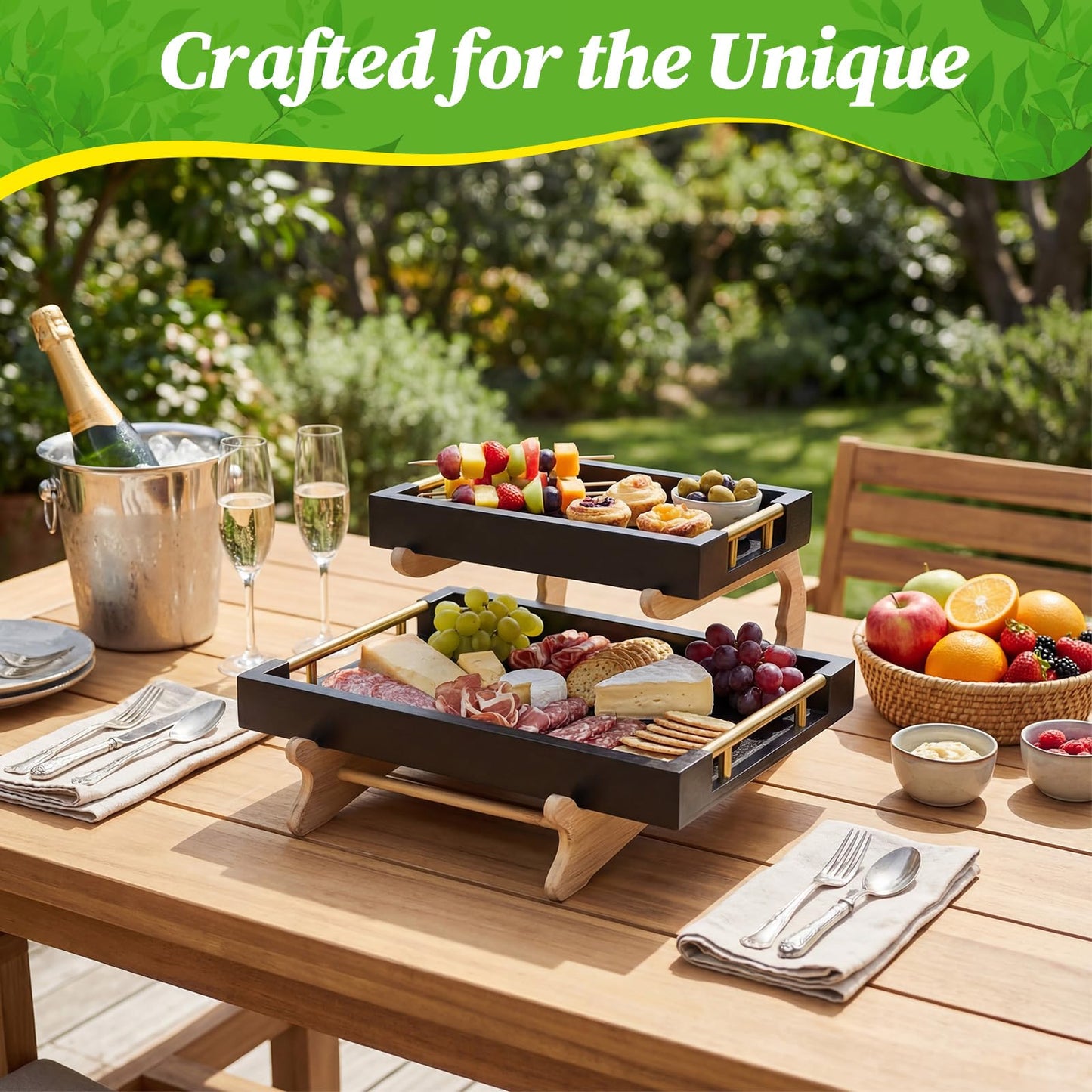 Leinuosen 2 Tier Serving Trays for Party Coffee Table Tray 12"x16" & 8"x12" Large Wooden Ottoman Tray with Gold Handles and Bamboo Stand for Storage Display(Black)