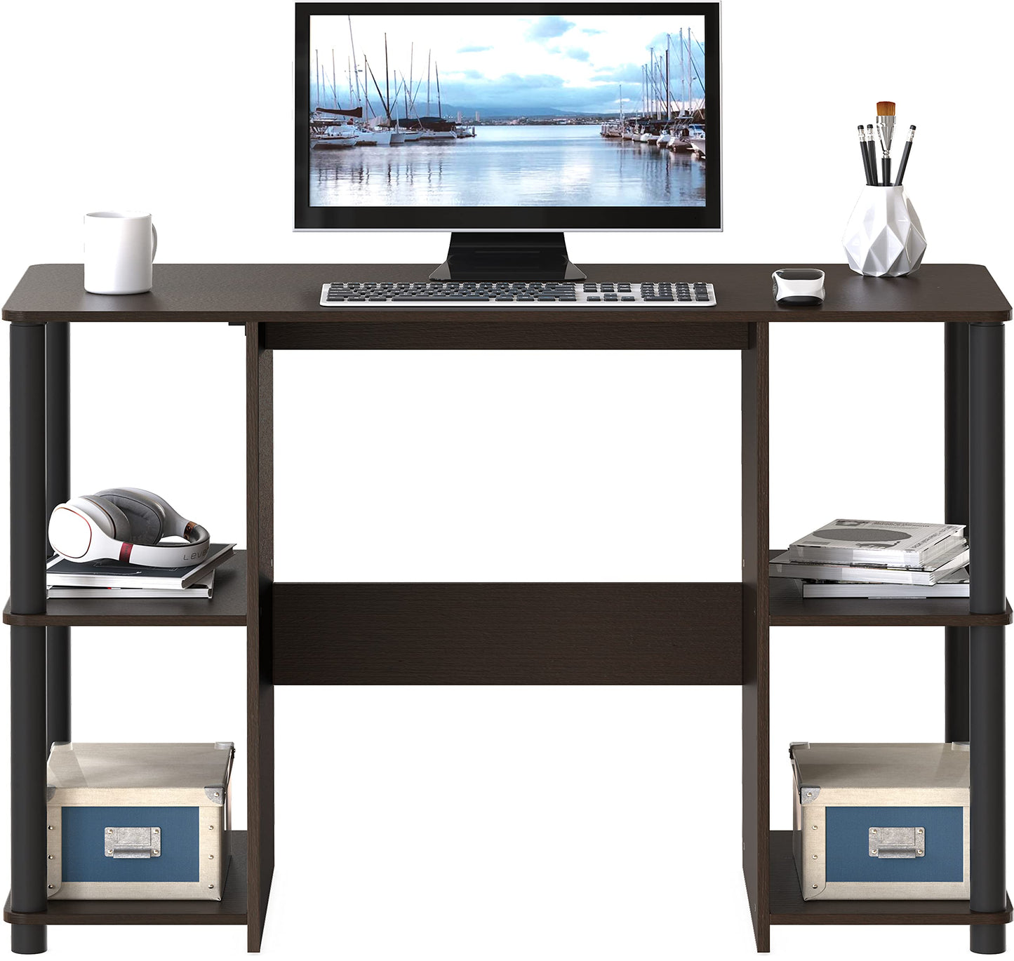 SHW 38-Inch Home Office Wood Desk with Double Sided Shelves, Espresso
