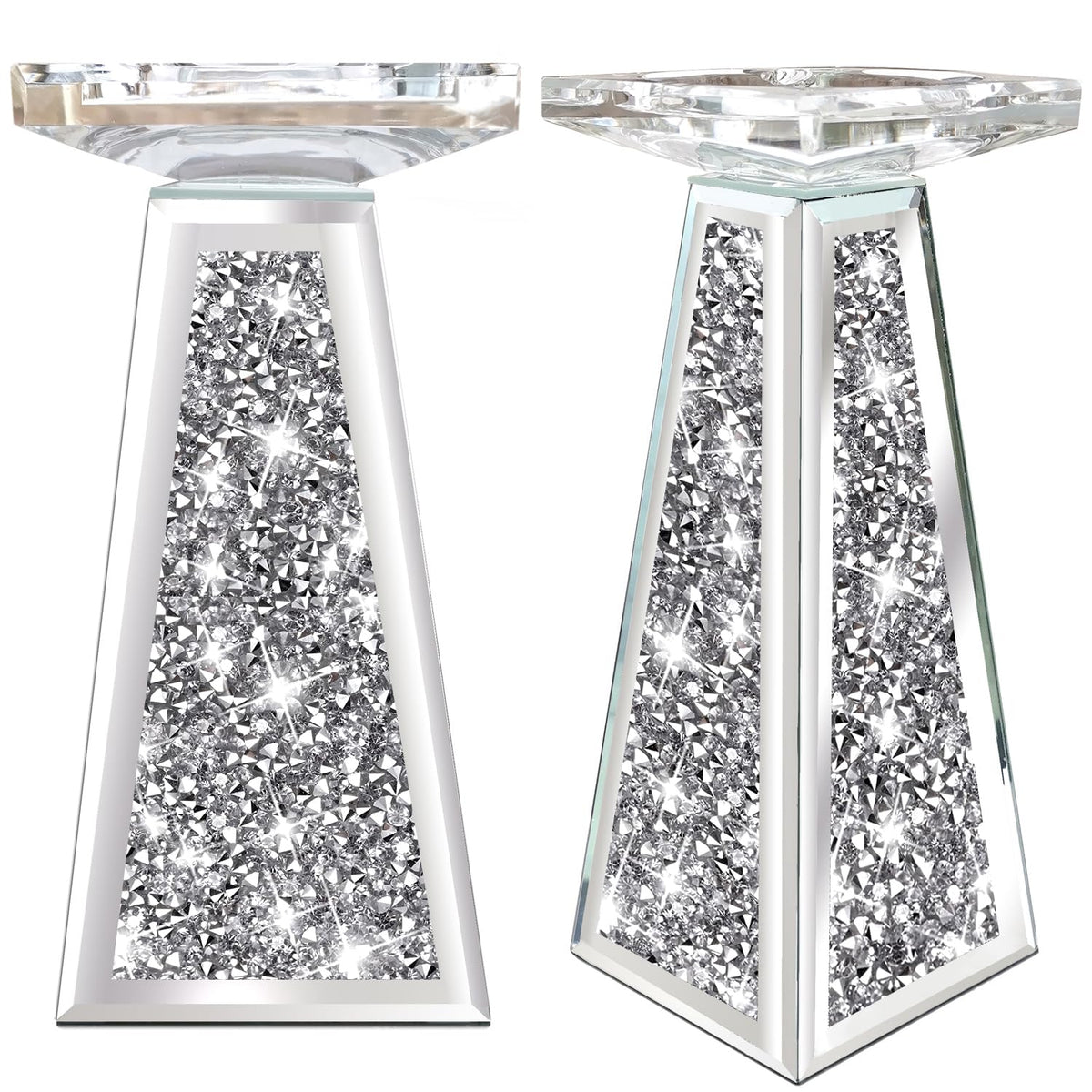 Wocred 2 Piece Candlestick Holders for Holding Pillar Candles, Crystal Crushed Diamond Candle Holders Set Decor for Dinning Room, Silver Glass Votive Candle Holders for Table Centerpiece(8”)