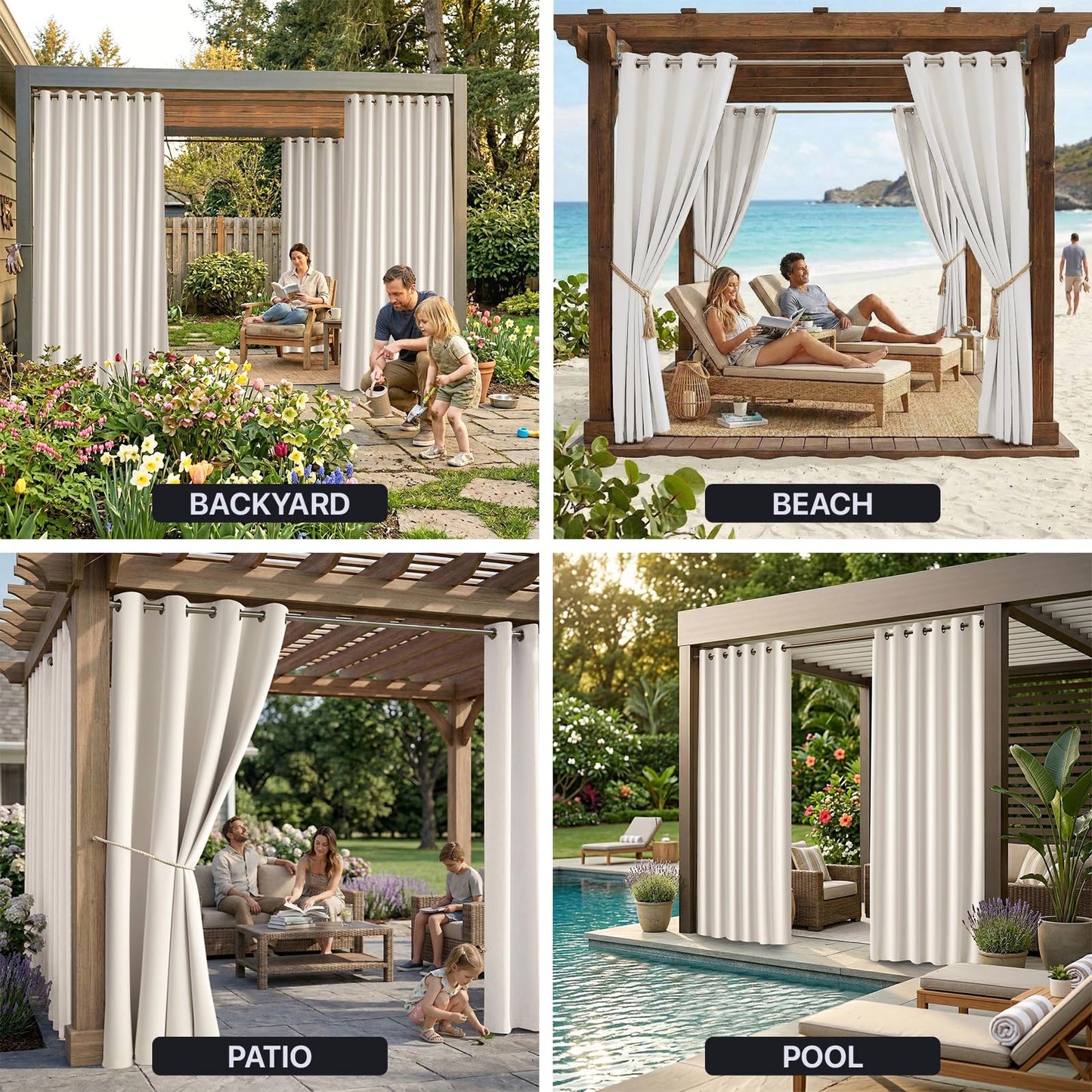 DIVA EN CAMINO DEC Outdoor Patio Curtain Waterproof Darkening Thermal Insulated Indoor Curtains for Bedroom, Porch, Living Room, Pergola, Cabana, W84 x L95, Cream, Set of 2 Panels