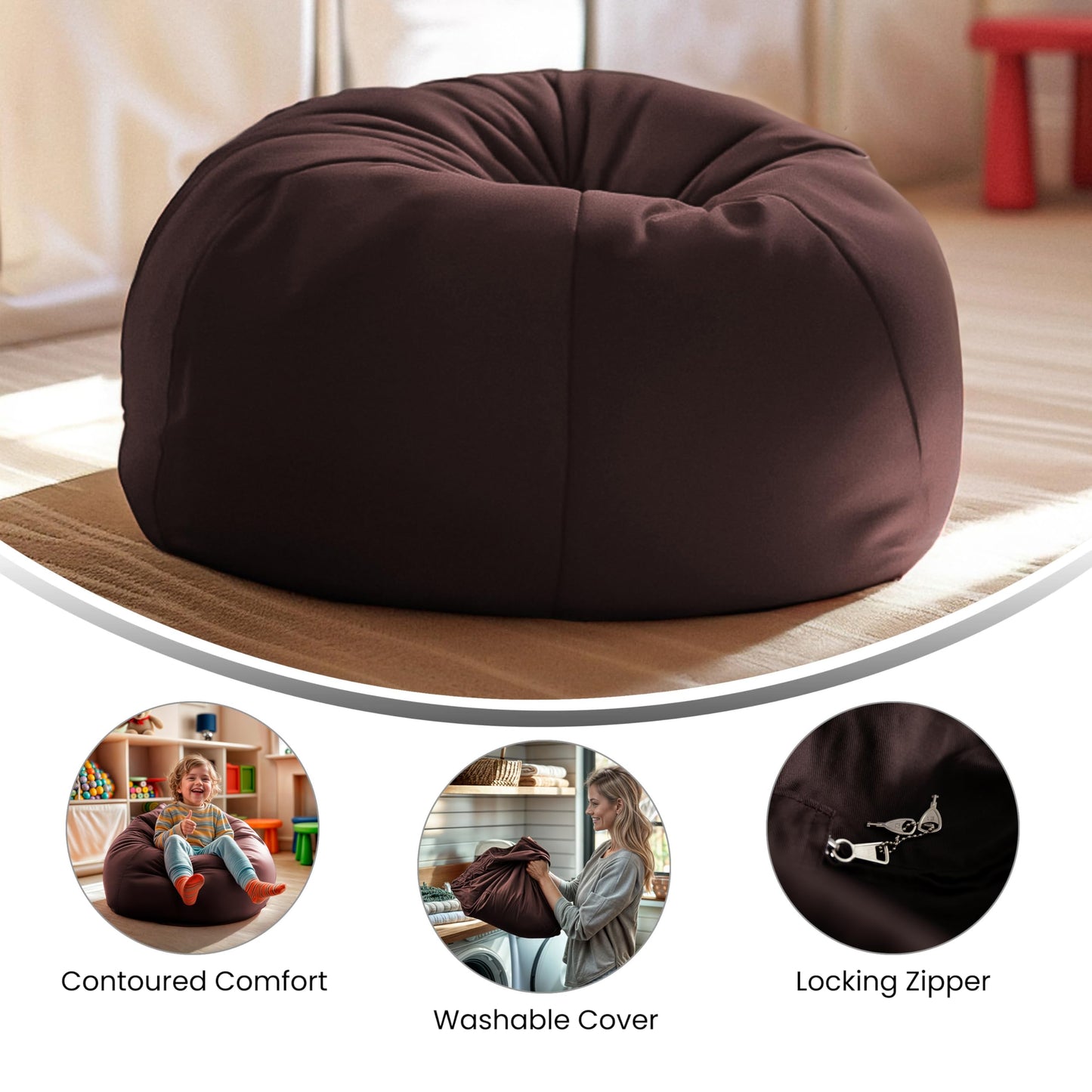 Flash Furniture Dillon Small Bean Bag Chair for Kids and Teens, Foam-Filled Beanbag Chair with Machine Washable Cover, Brown