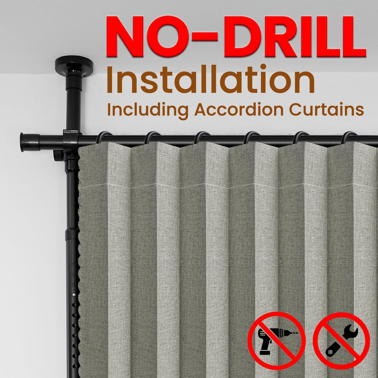 100% Blackout Room Divider Curtains Sets Grey 2 Panels W100 x L96in No Drill Curtain Rods(H) 43-120×(W) 35-200 in for Bedroom Privacy Partition Separator