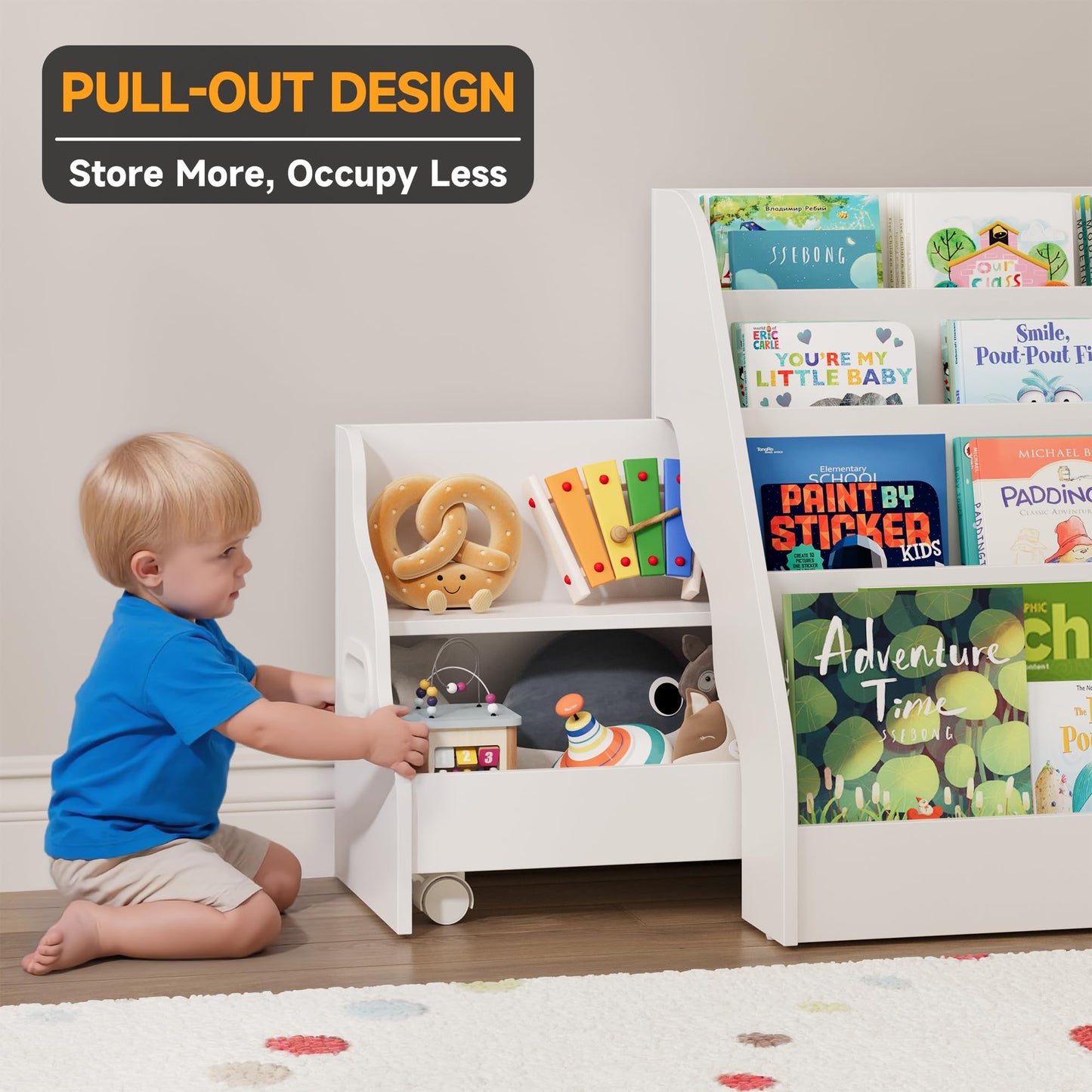 2-in-1 Montessori Kids Bookshelf - Toddler Nursery 4 Tier Wooden Kids Book Shelf, Display Book Shelf for Kids Rooms, Children Bookcasewith Toy Rolling Cart, for Toddler Nursery, Playroom & Classroom