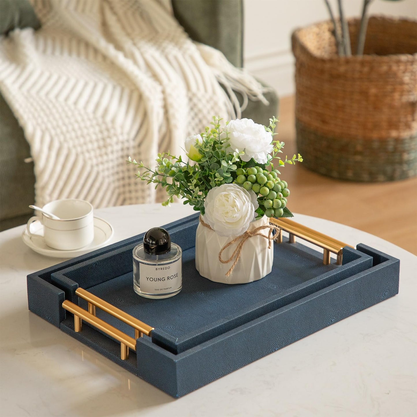 UPPER DECOR Modern Decorative Tray Set of 2, Blue Shagreen Leather Tray, Rectangle Serving Trays with Gold Polished Metal Handles, Ottoman Trays Coffee Table Perfume Kitchen Home Decor