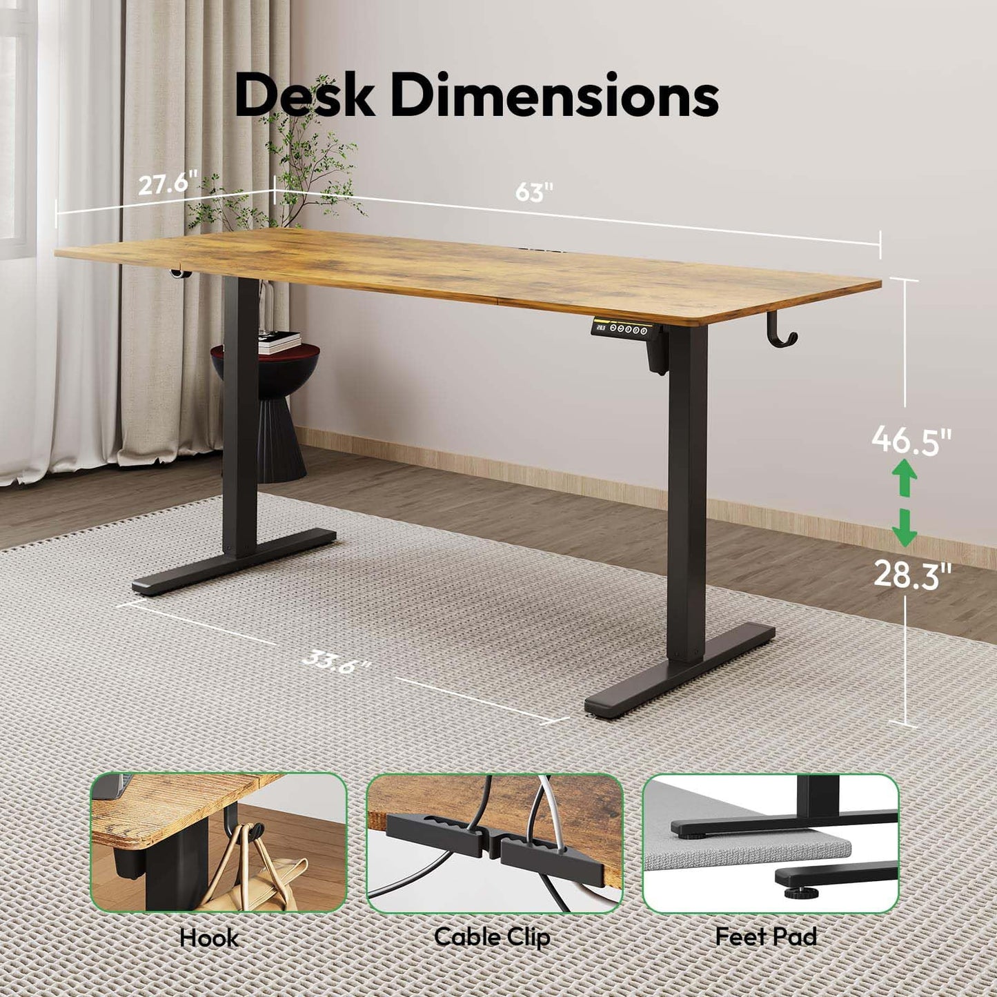 Gamork Large Electric Standing Desk,63x28 Inches Adjustable Height Stand up Desk, Sit Stand Home Office Desk, 3 Preset Heights,Equipped with Hooks,Ergonomic Computer Desk Workstation，Brown