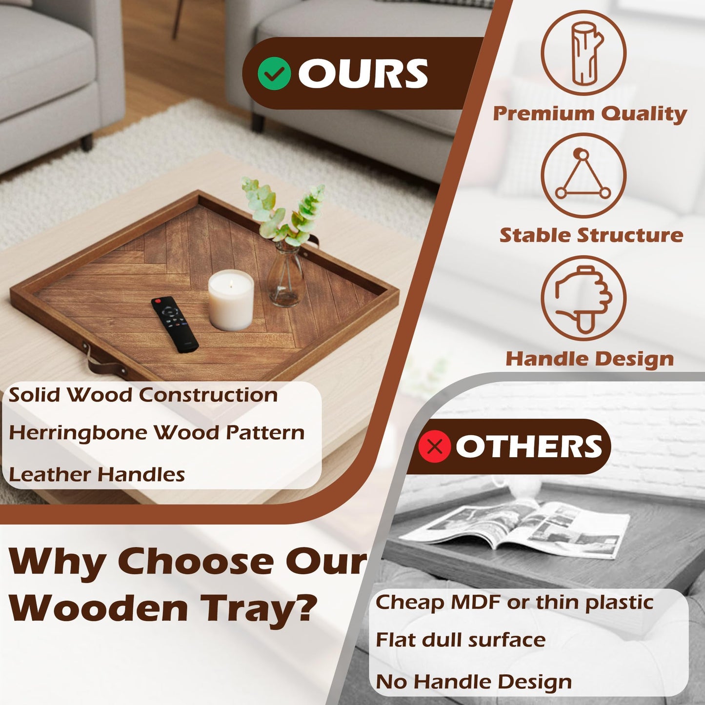 Large Square Ottoman Tray 24.5"x24.5", Wooden Ottoman Trays with Leather Handles, Rustic Decorative Storage Tray for Ottoman